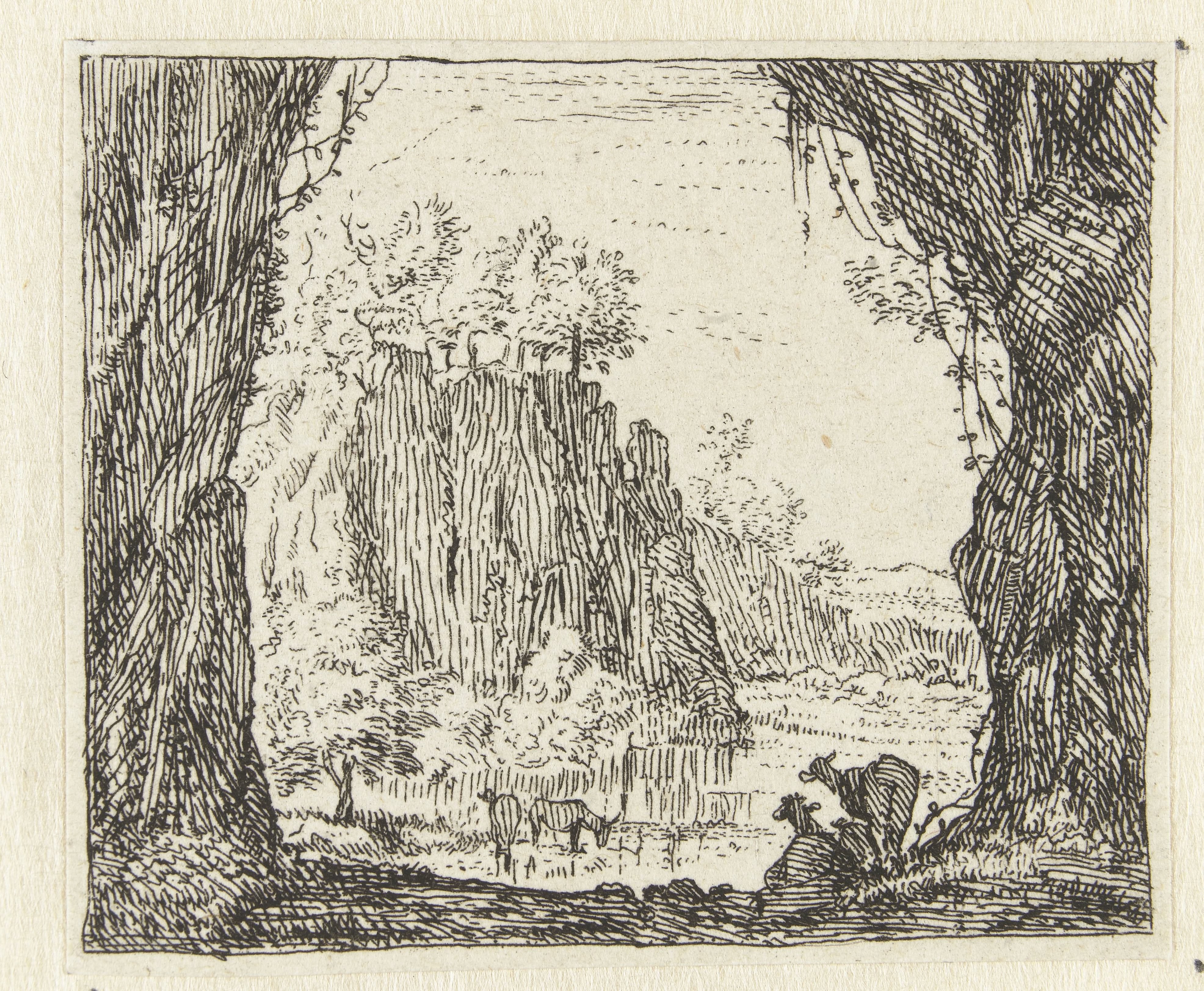 Italianiserend landschap met geiten bij een rivier