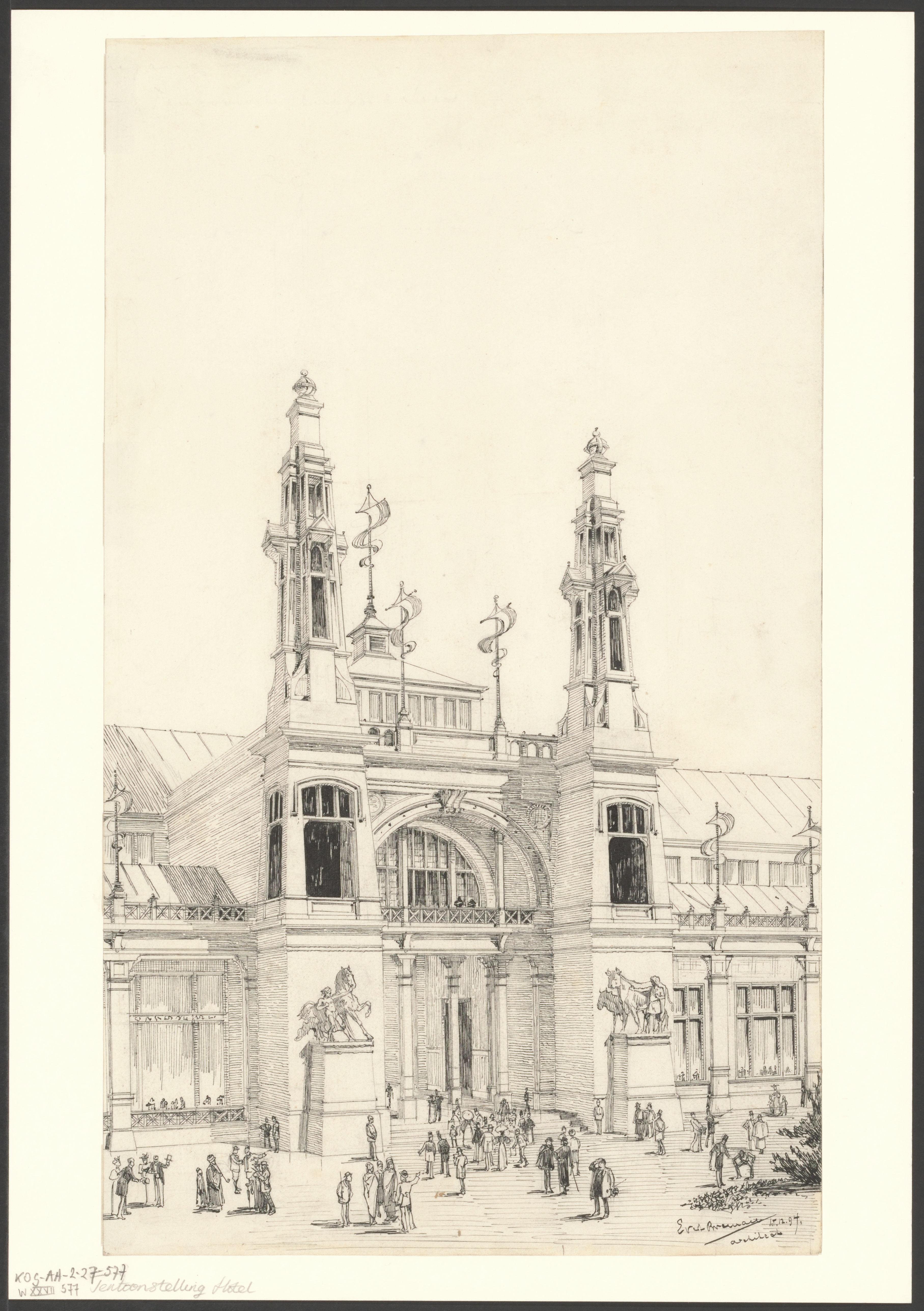 Onuitgevoerd ontwerp voor de toegang van het tentoonstellingsgebouw voor de Wereldtentoonstelling voor het Hotel- en Reiswezen in 1895
