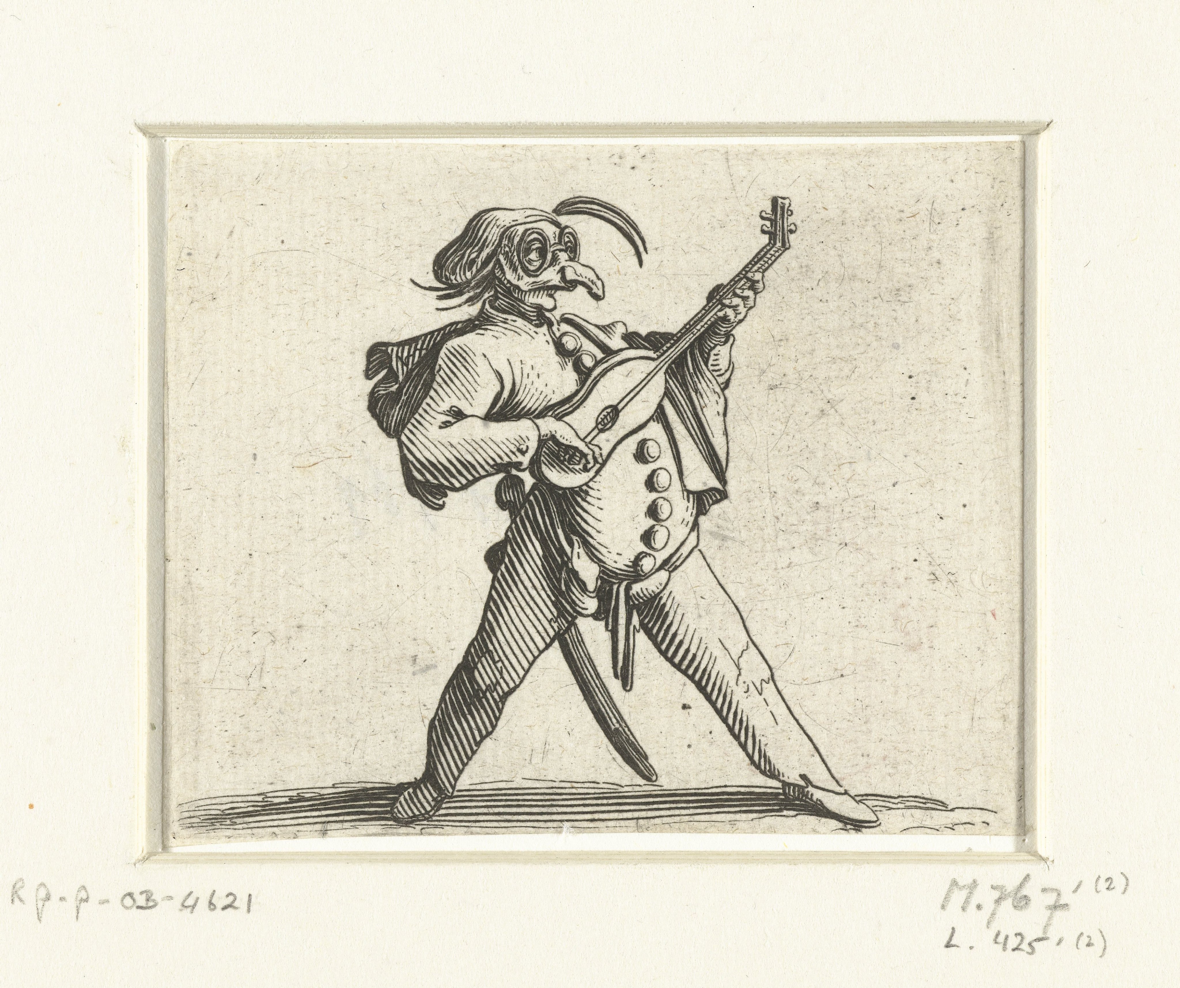 Commedia dell'arte-figuur met gitaar, zwaard en masker