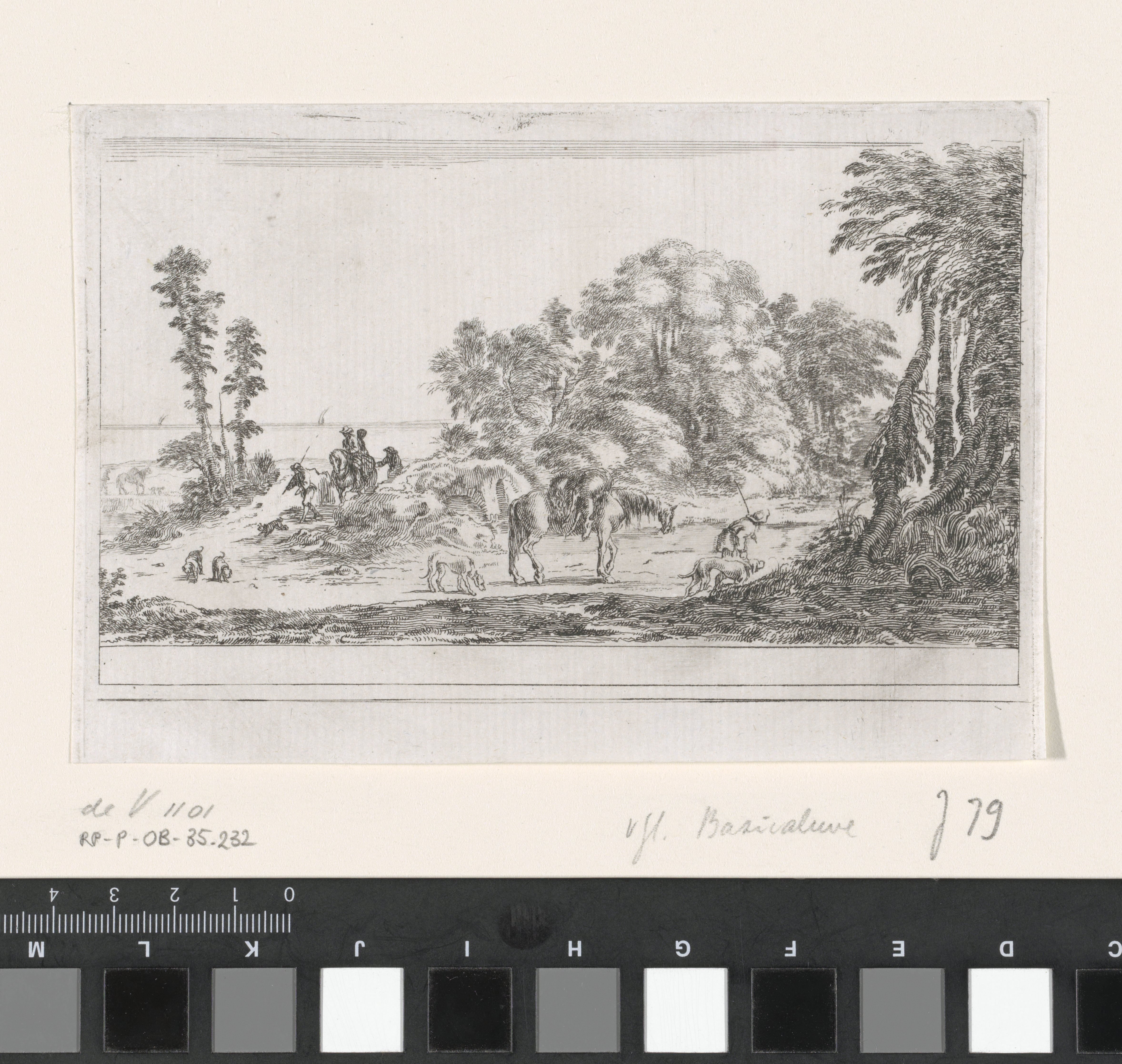 Landschap met herders, jachthonden en een beladen paard die terugkeren na de jacht