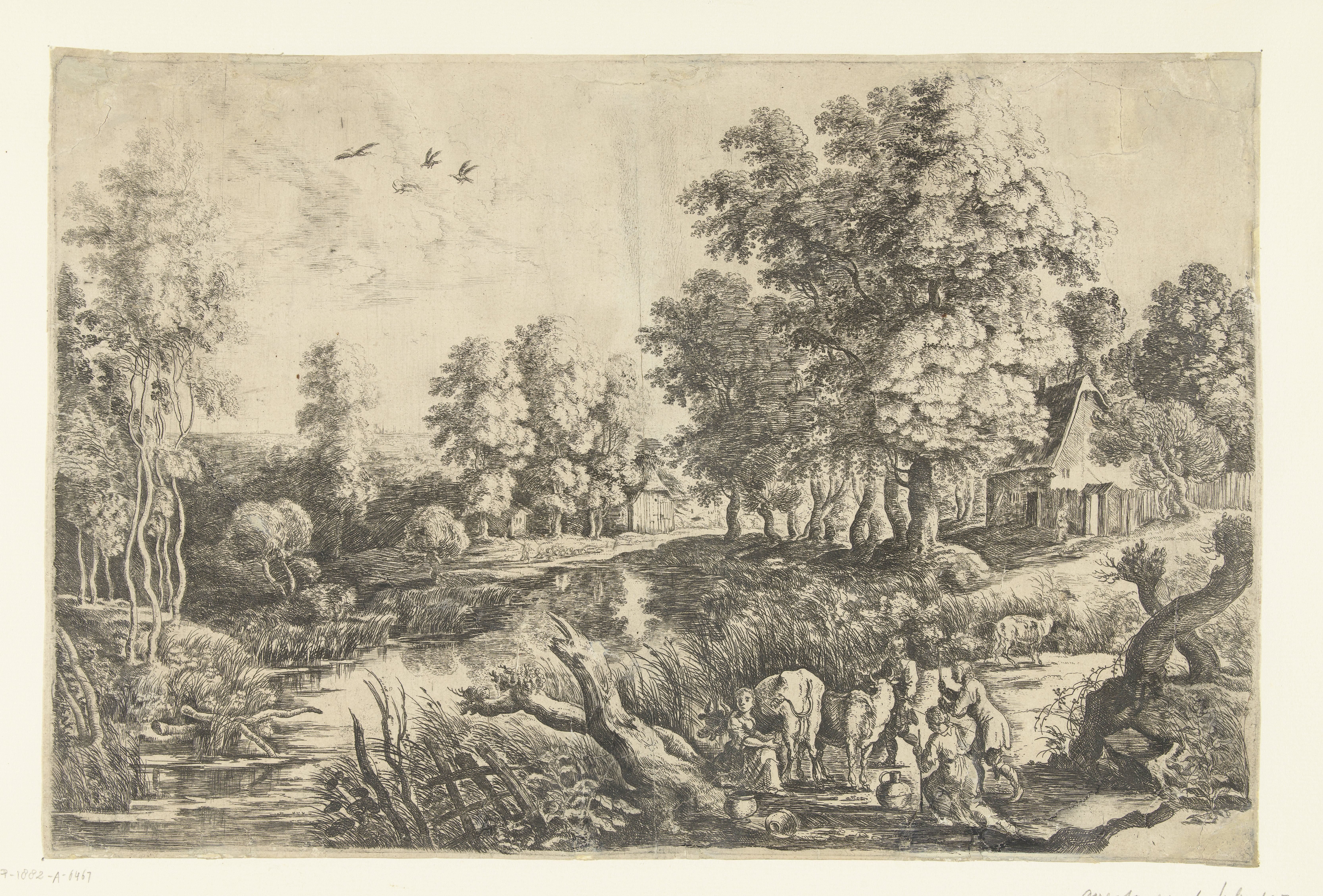 Boeren met vee bij een beek