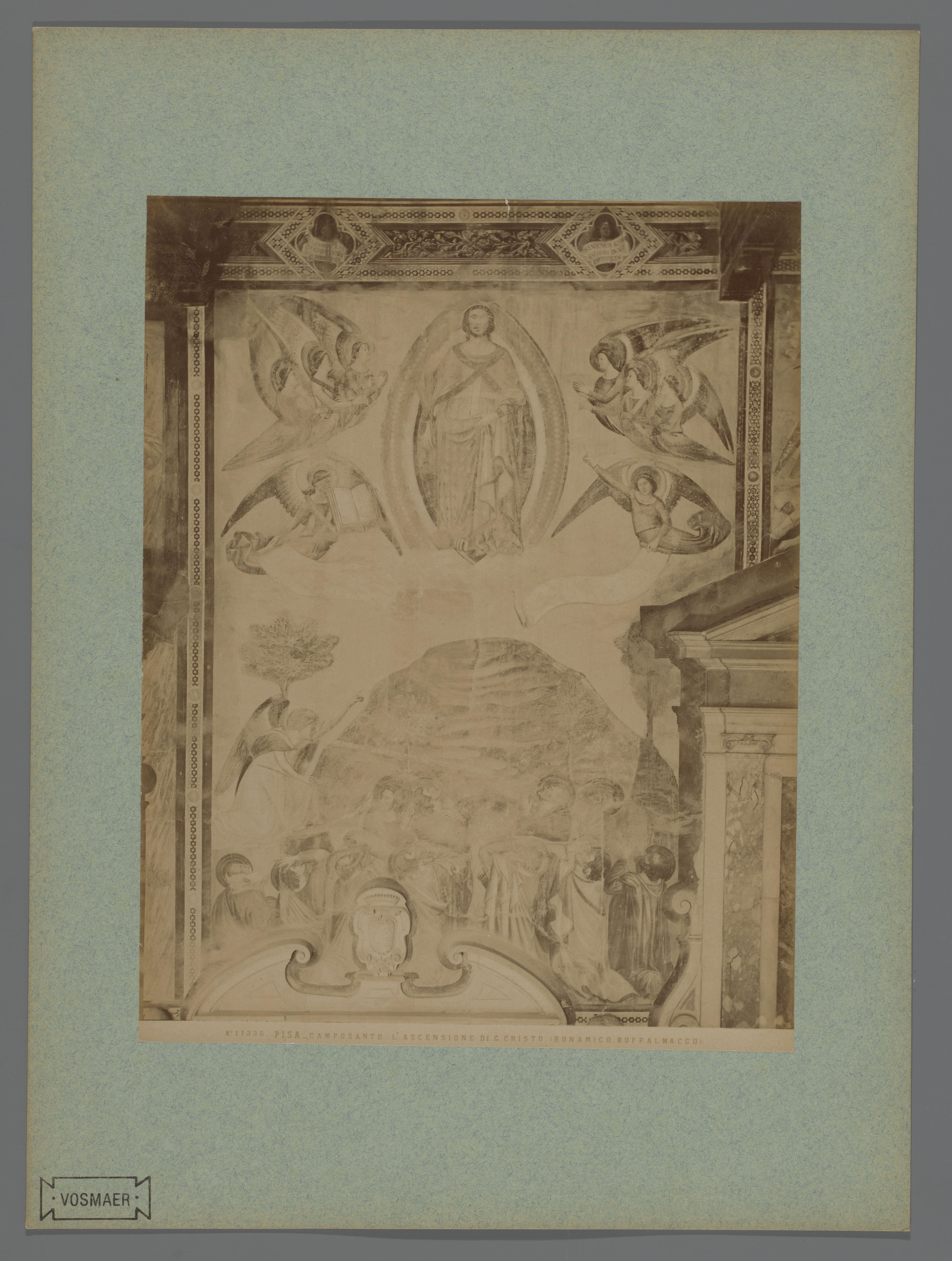 Fotoreproductie van het fresco Hemelvaart van Christus door Buffalmacco in het Camposanto te Pisa, Italië