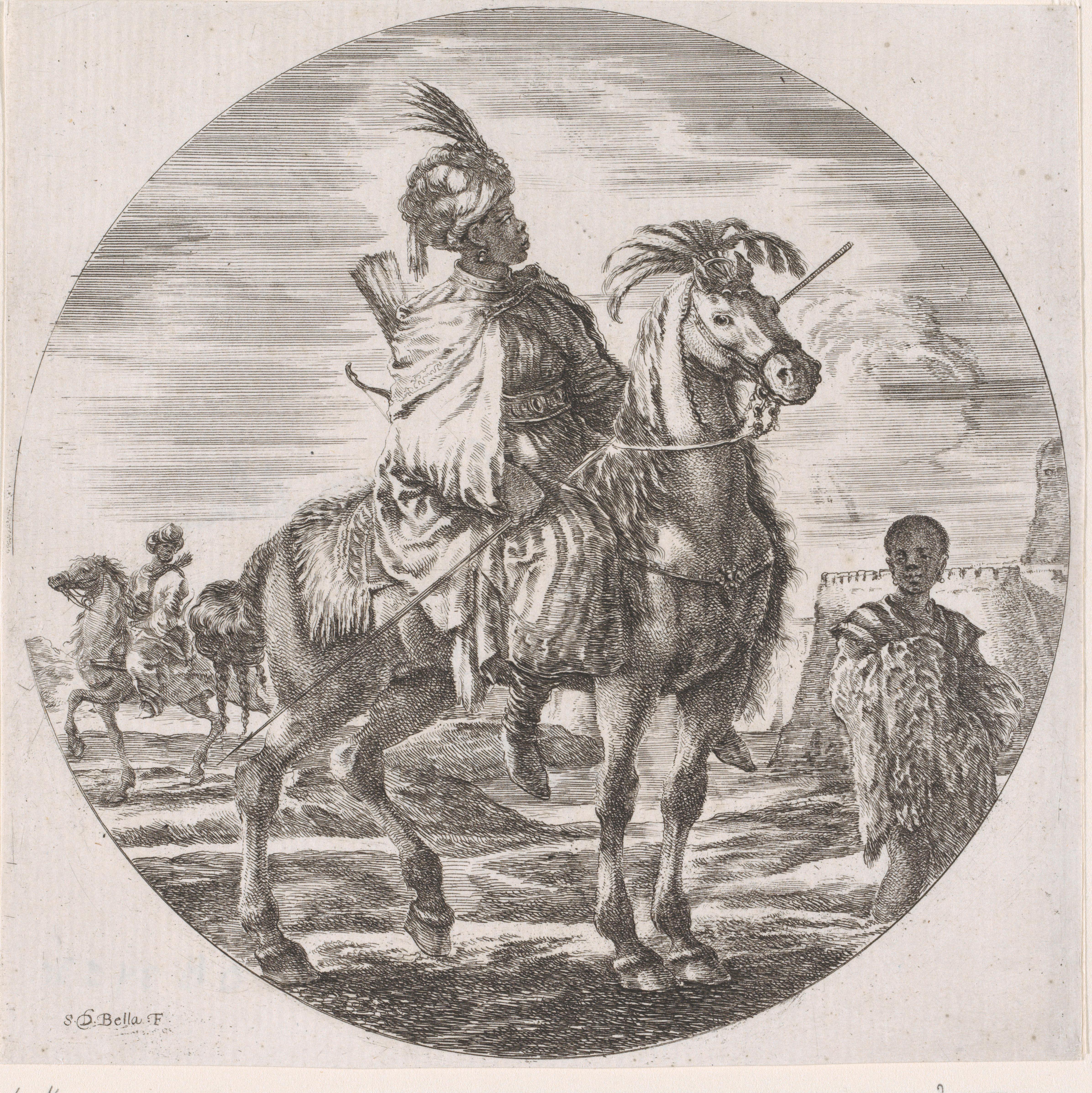 Afrikaanse man met tulband en speer te paard, rechts een tot slaaf gemaakte jongen