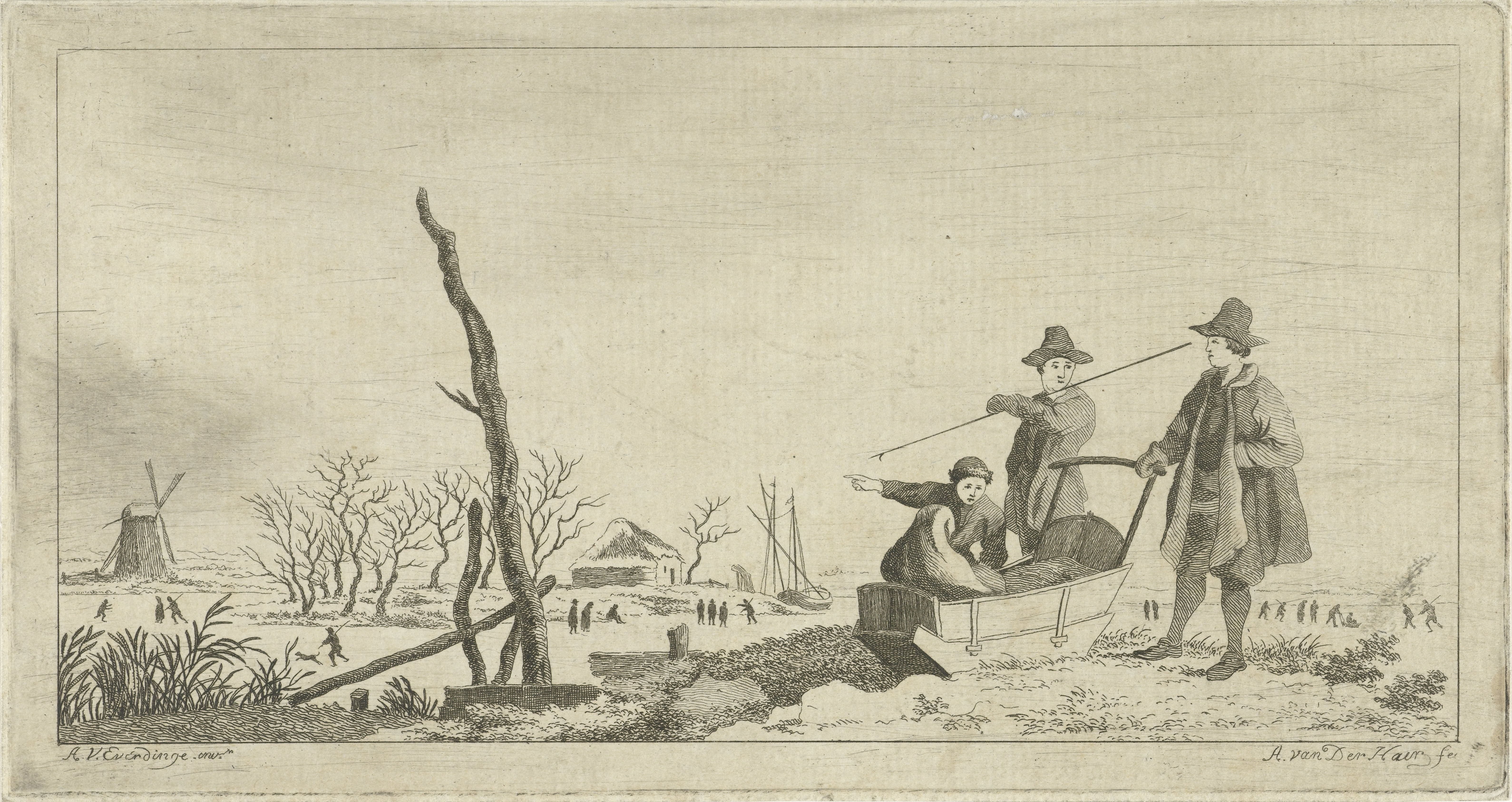 Figuren bij een slee in een winterlandschap