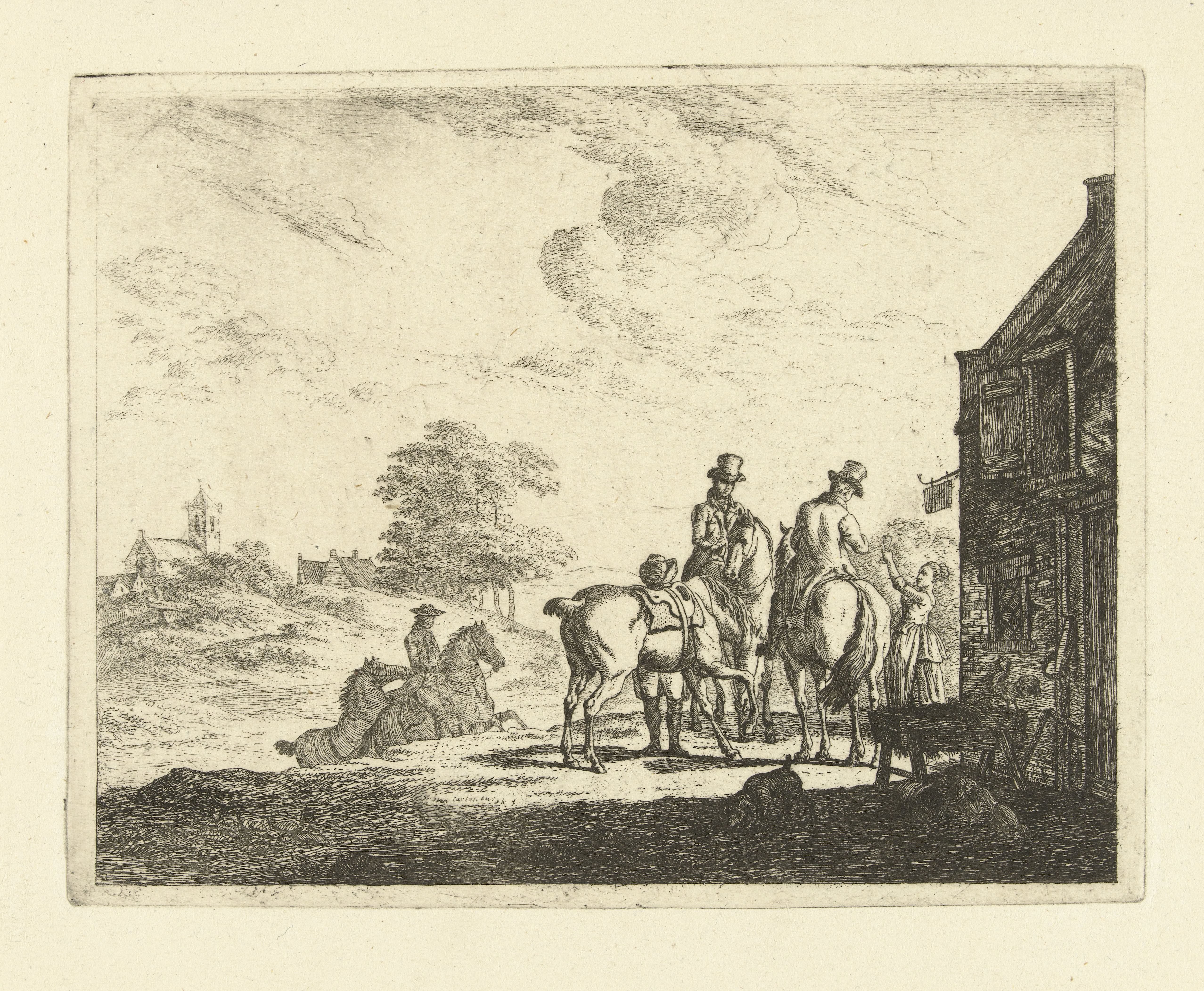 Oponthoud van ruiters bij een herberg