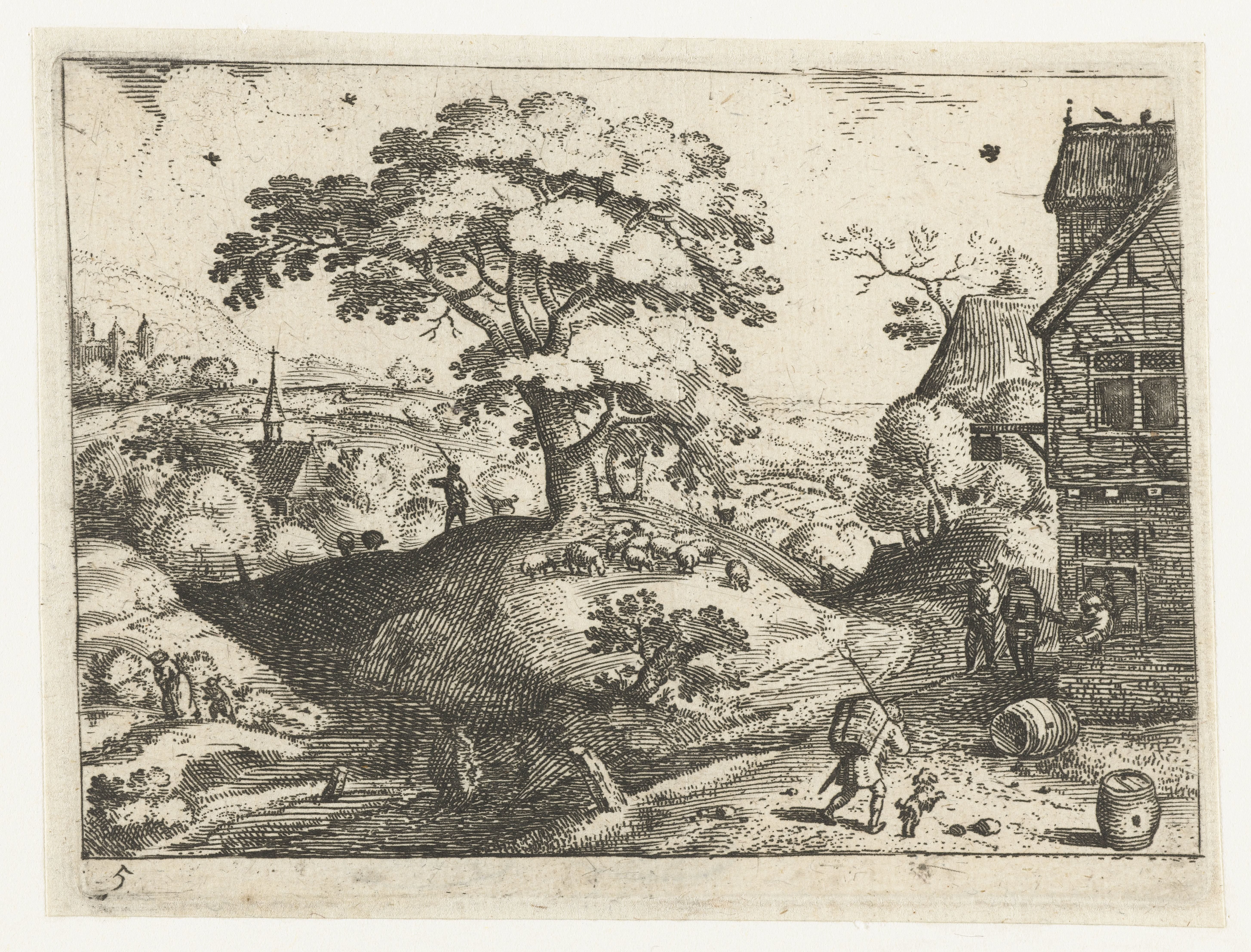 Landschap met reiziger bij herberg