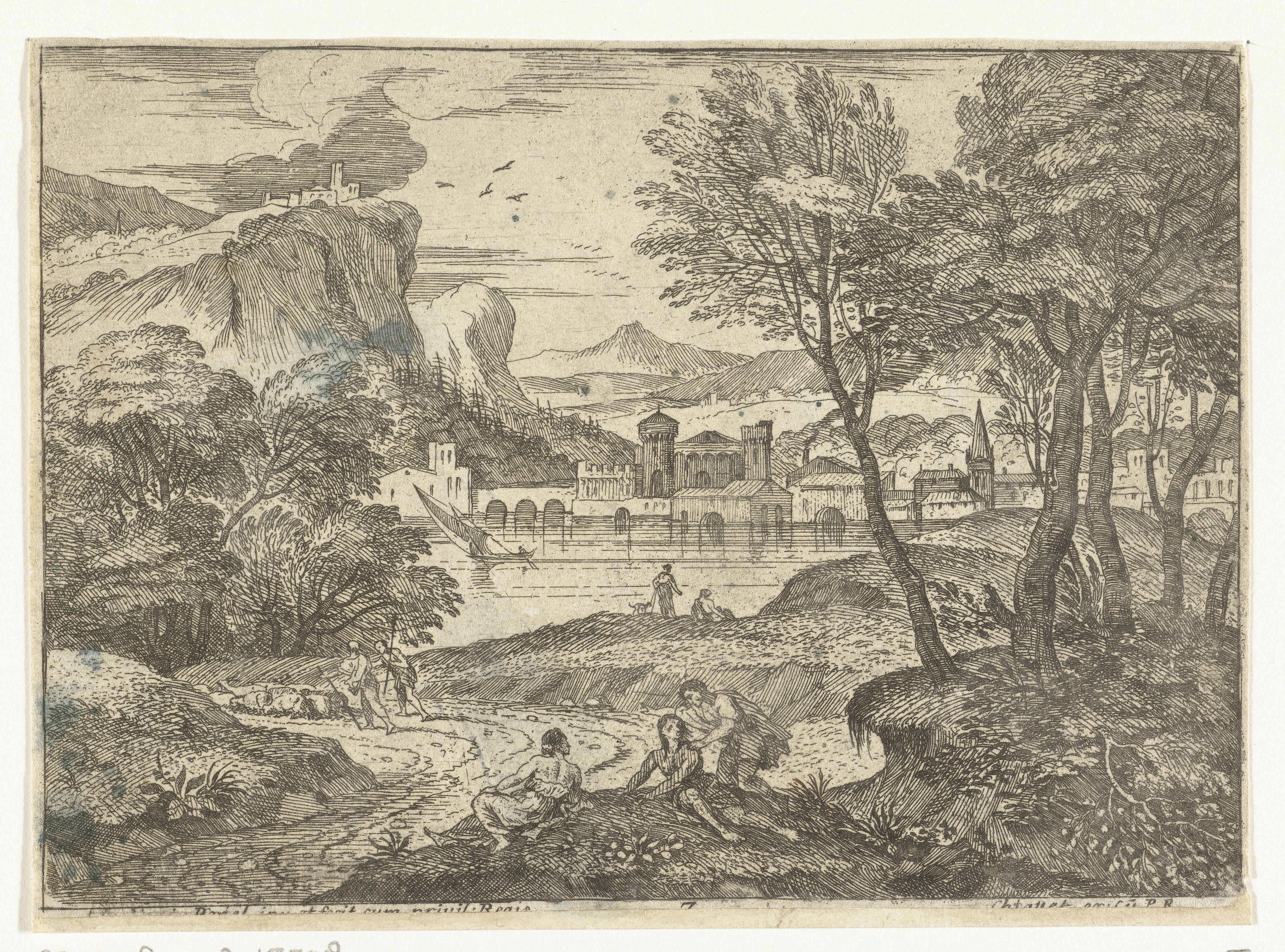 Landschap met drie personen langs pad