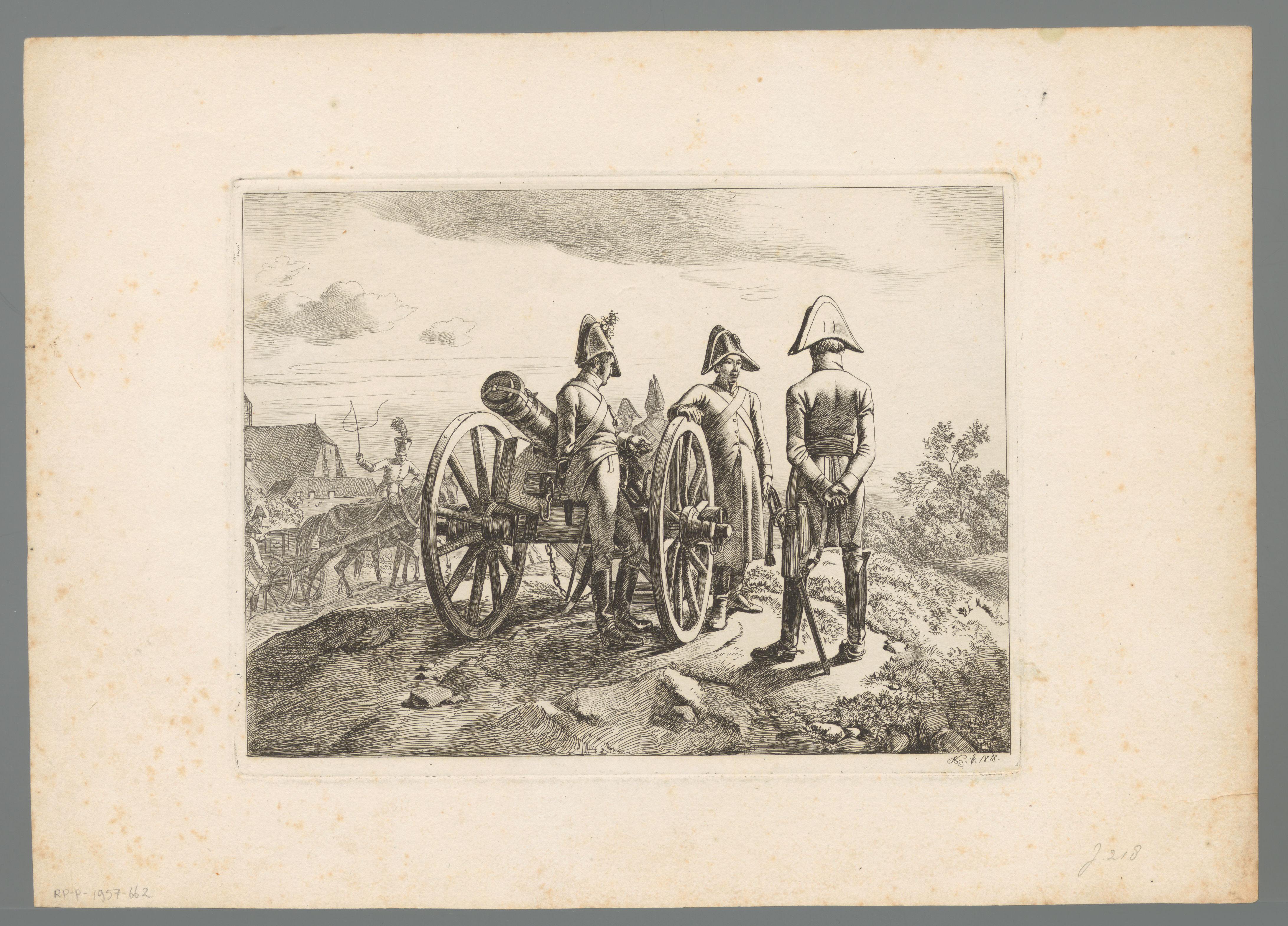 Oostenrijkse kanonniers bij de trekkar met daarop het kanon