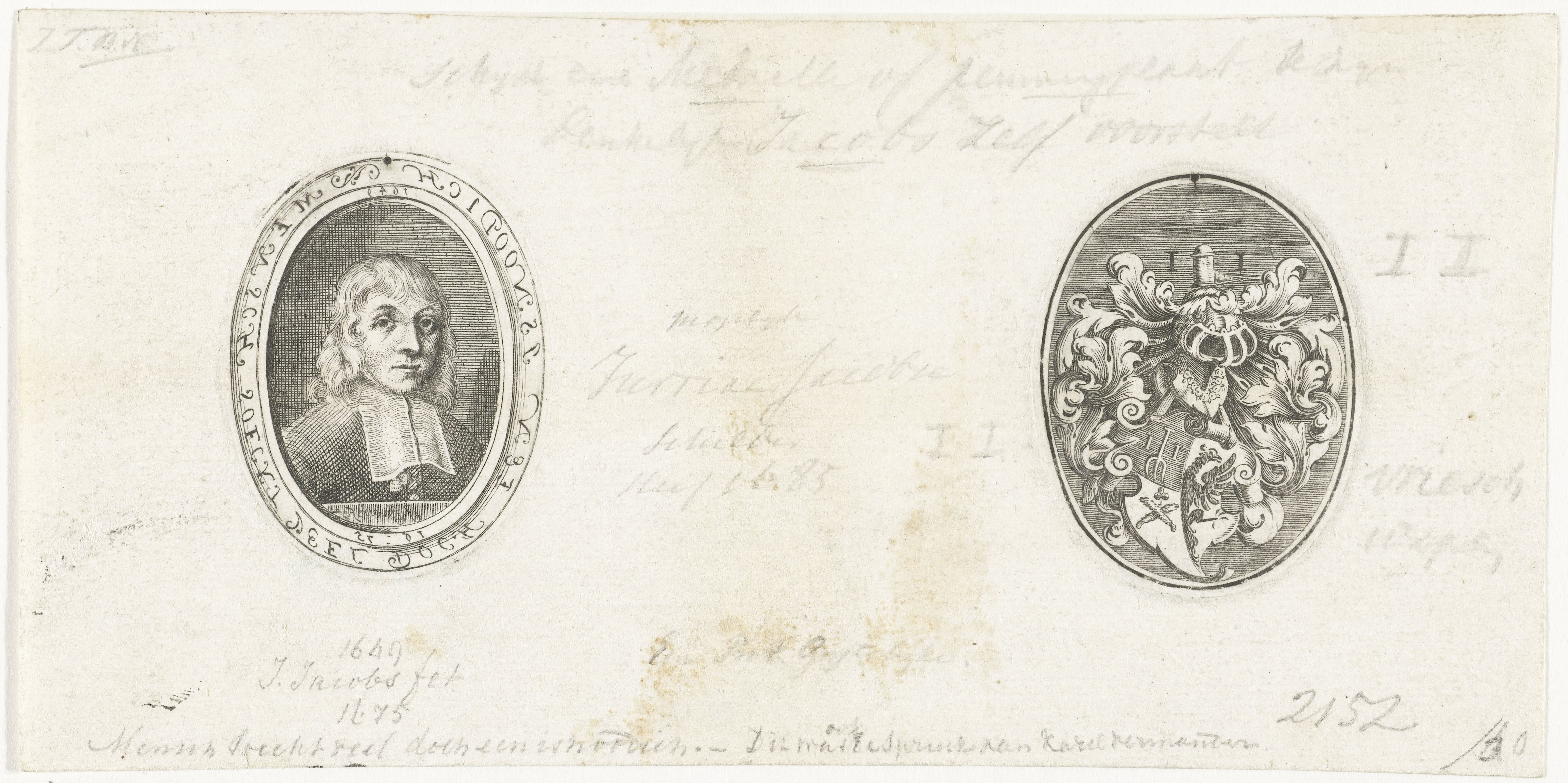 Zelfportret van Jan Jacobsz Folkema naast zijn familiewapen