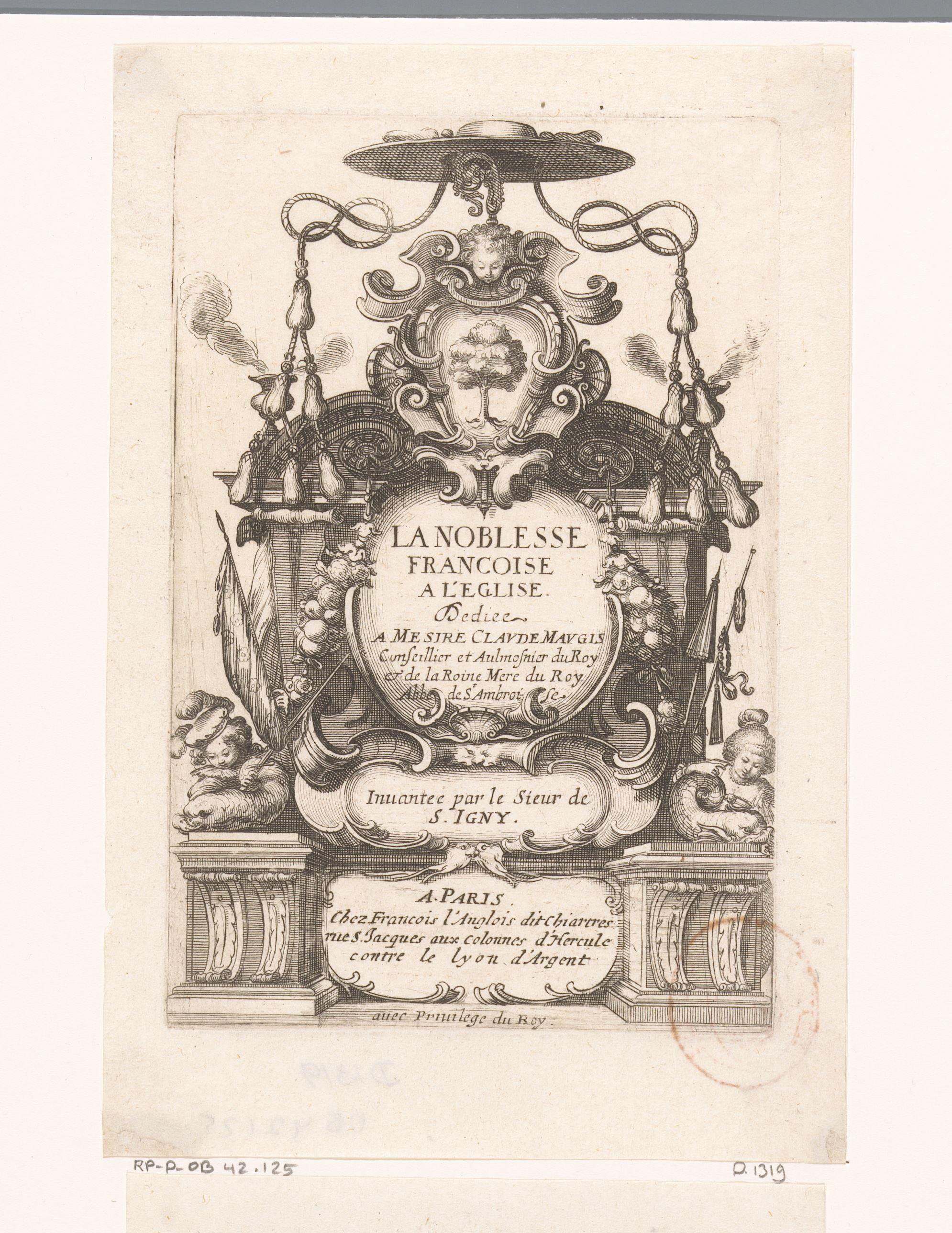 Titelprent met cartouche, kardinaalshoed en het wapen van Claude Maugis