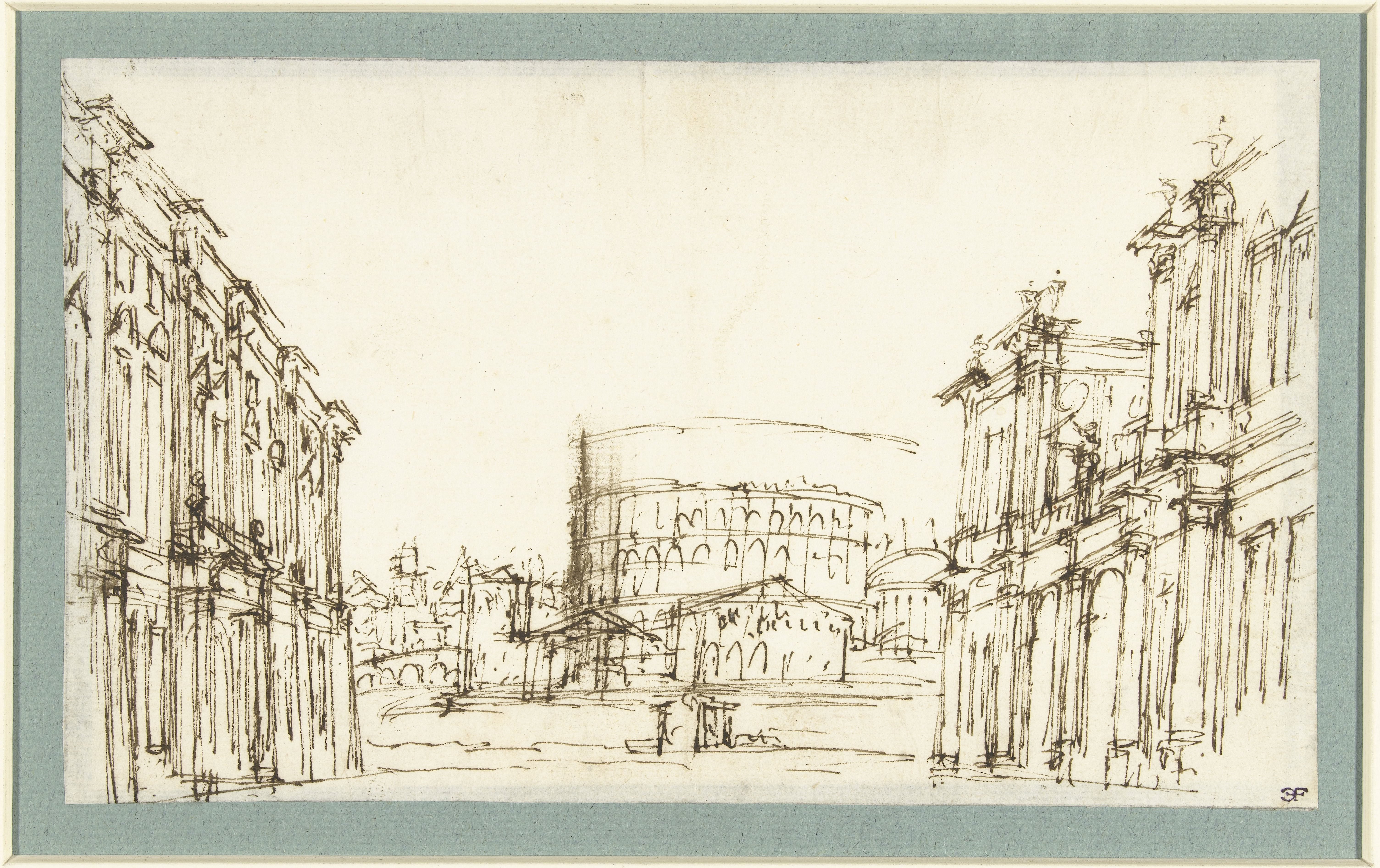 Fantasiearchitectuur met doorkijk op het Colosseum