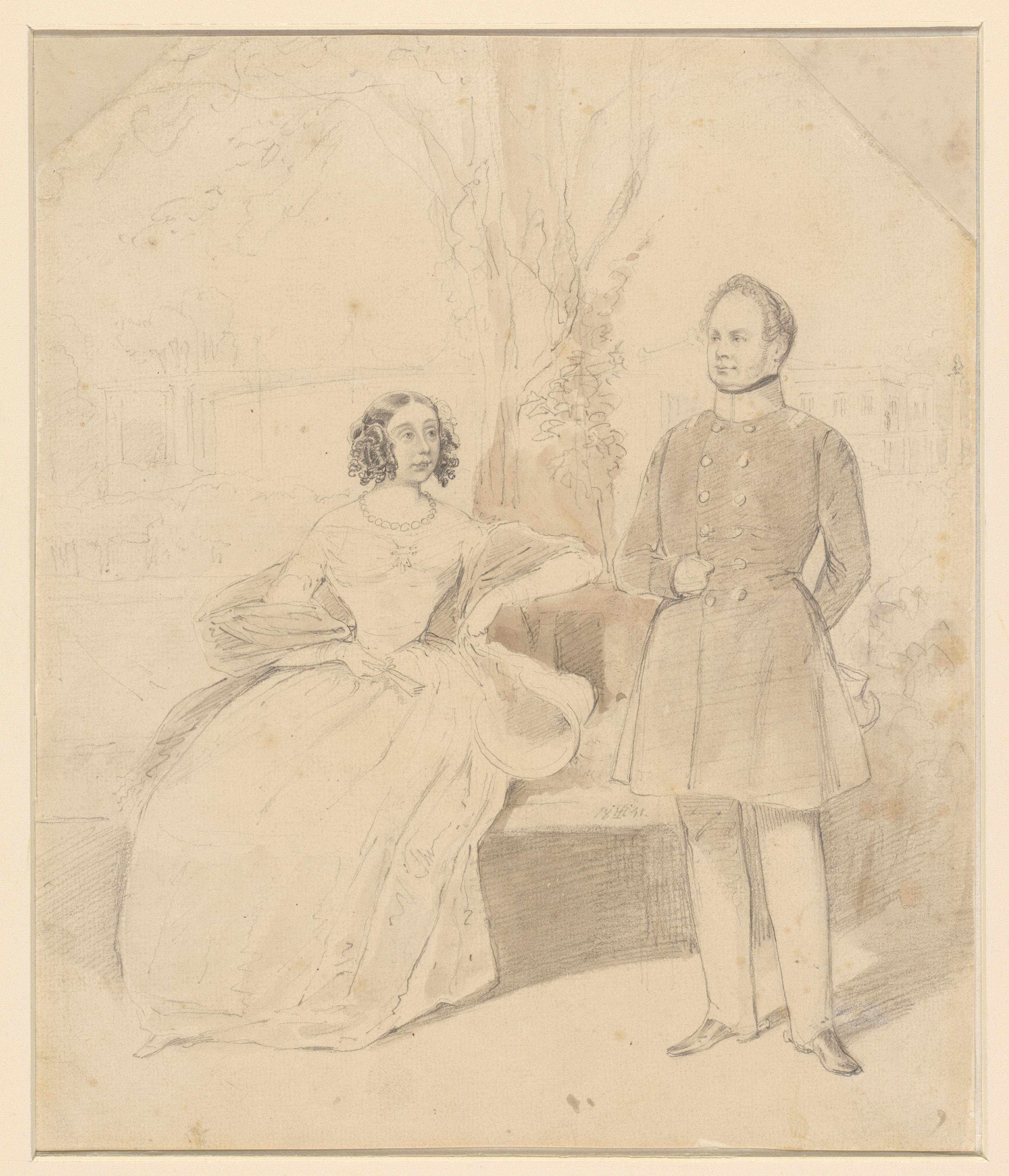 Koning Friedrich Wilhelm IV van Pruisen en zijn gemalin Elisabeth van Beieren in het park van het Slot te Berlijn