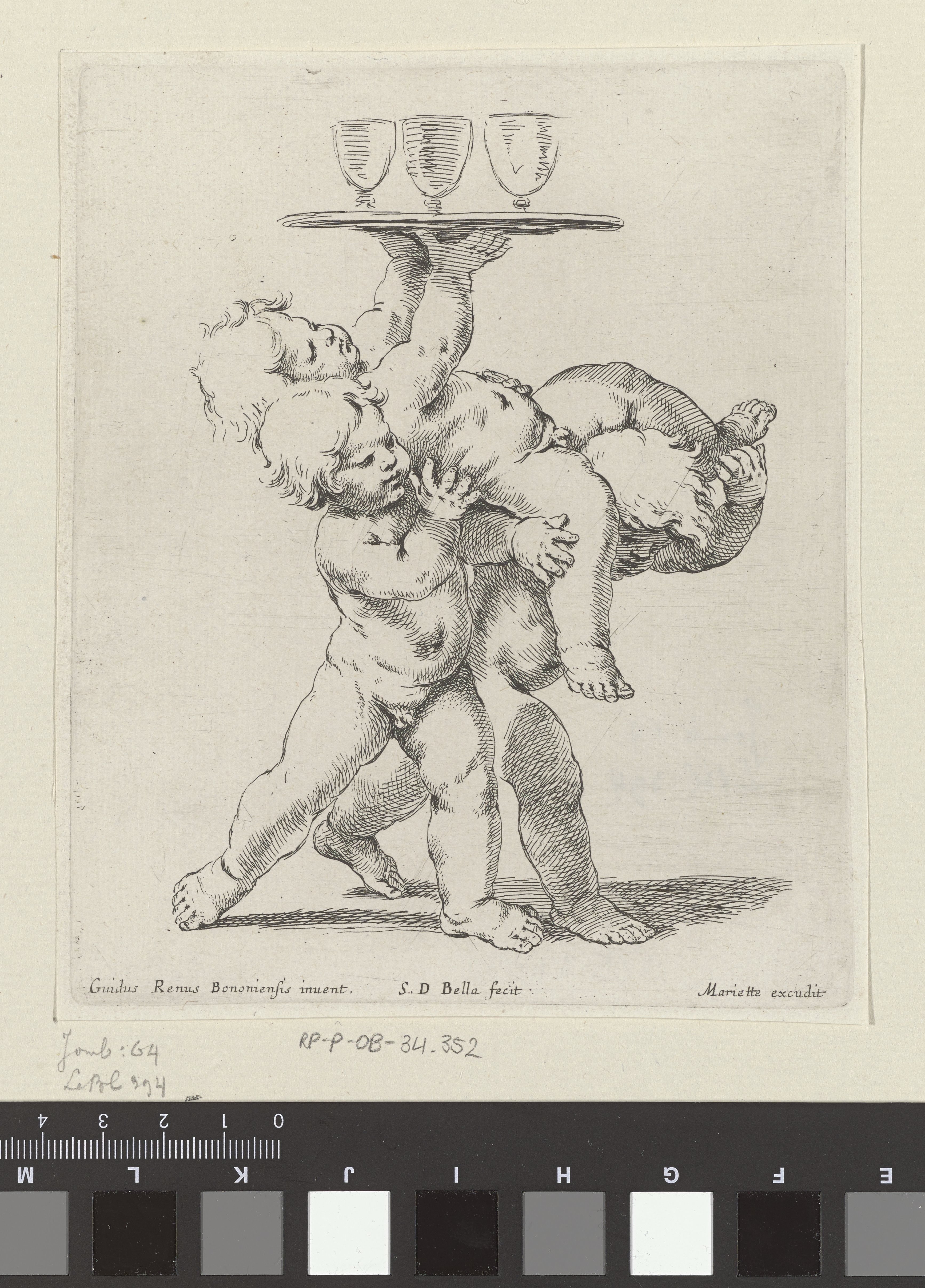 Drie putti met een dienblad met drie bokalen