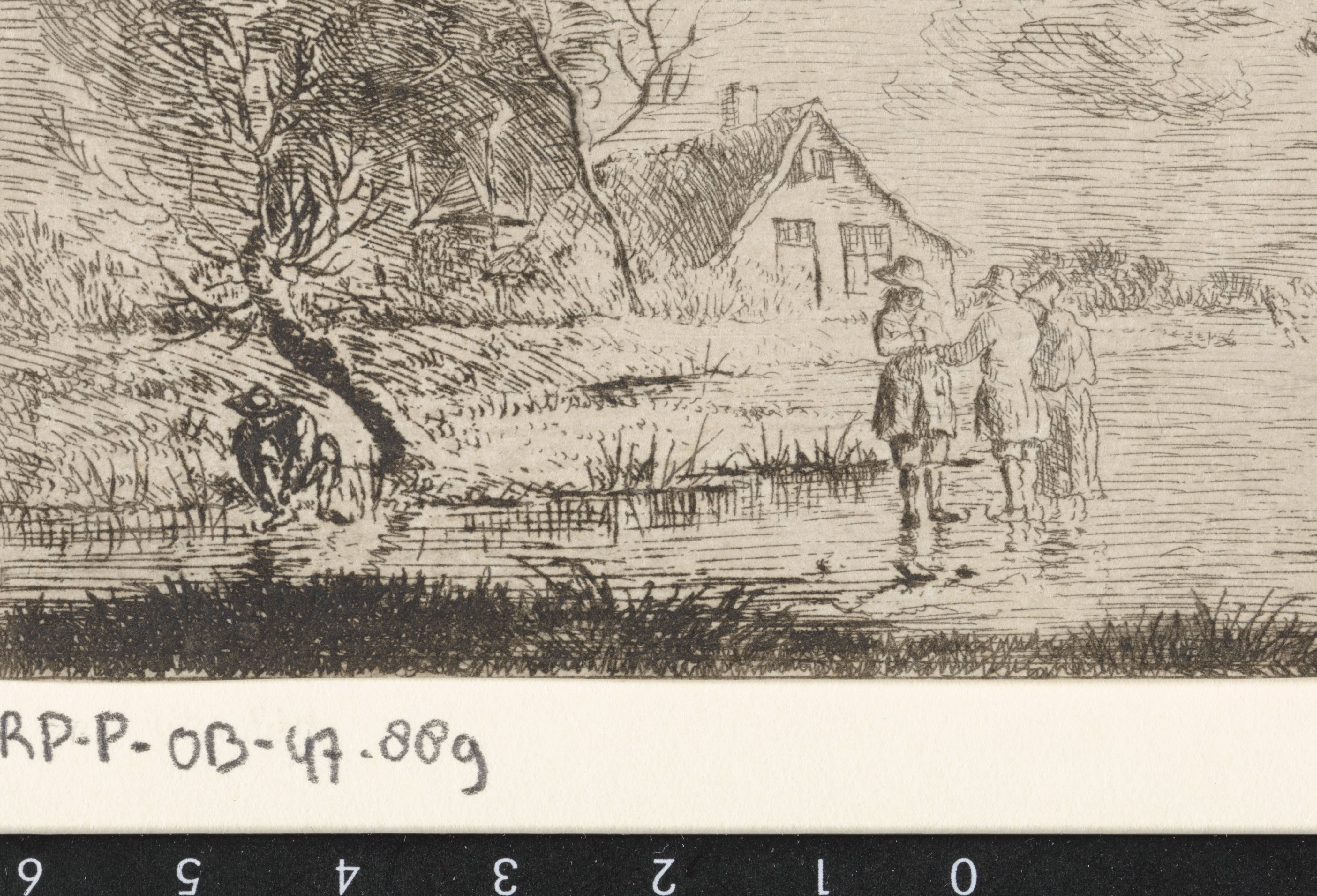 Landschap met schaatsers en boerderij