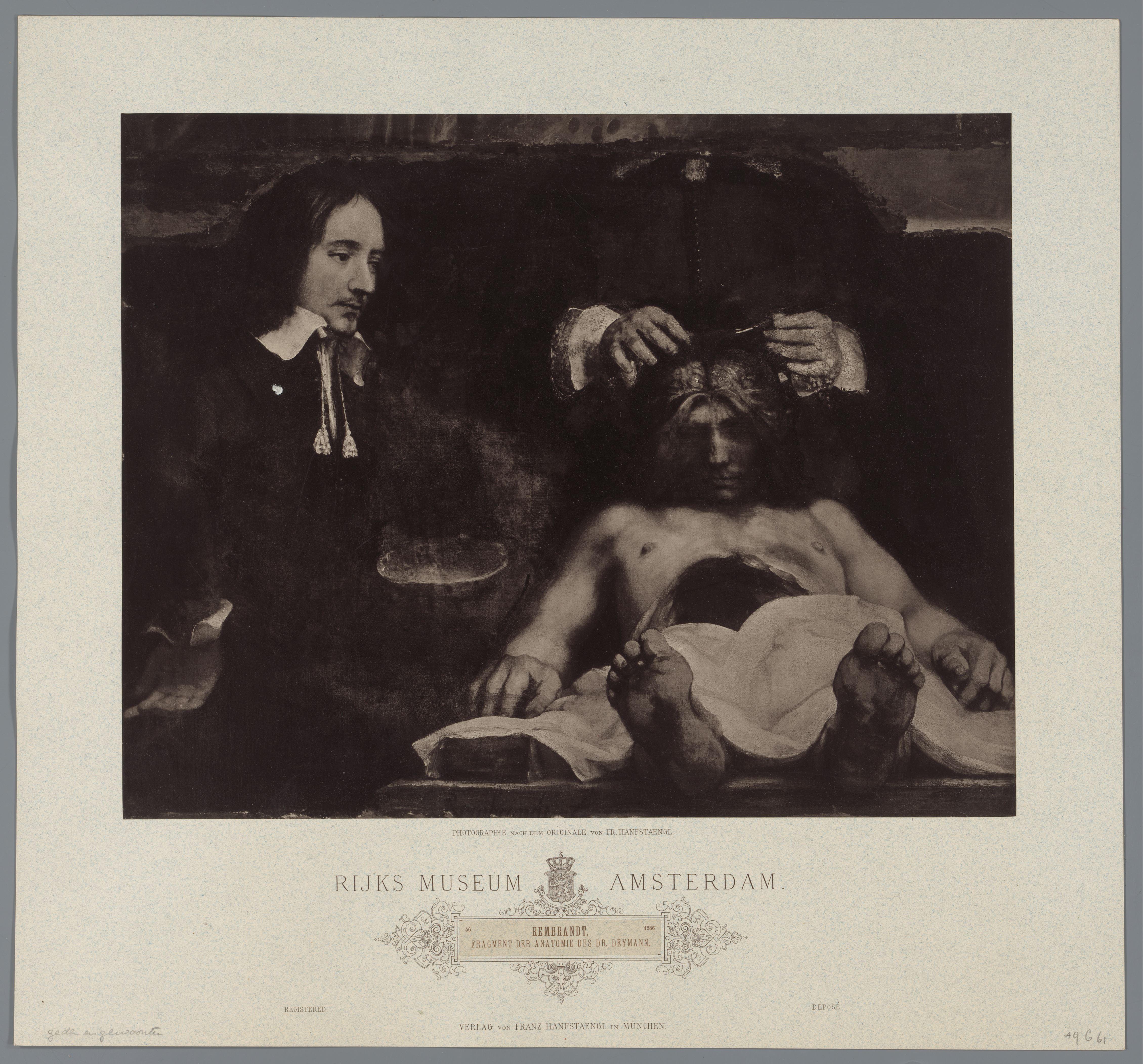 Fotoreproductie van schilderij De anatomische les van Dr Joan Deyman door Rembrandt, coll. Rijksmuseum