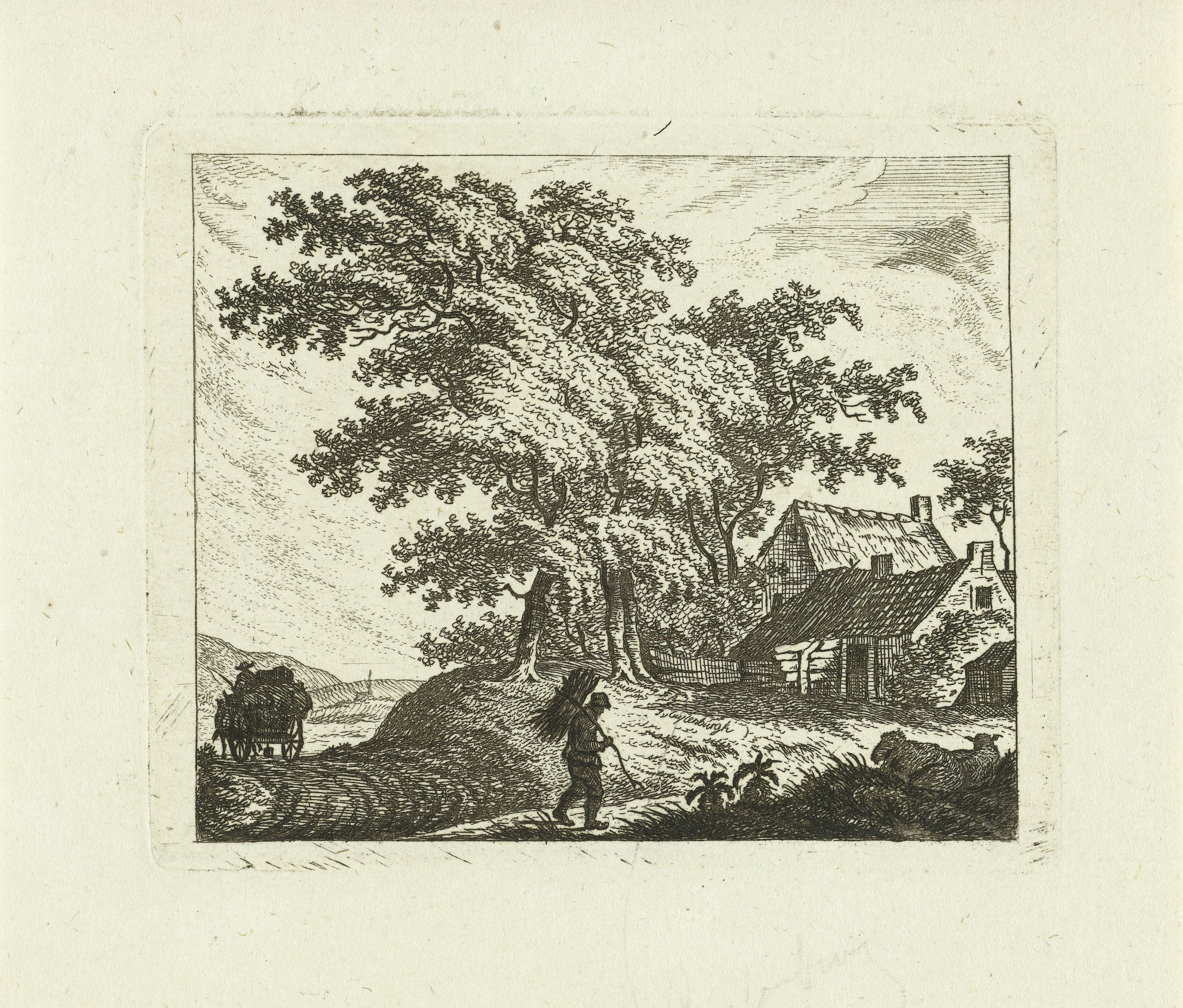 Landschap met boerderij en man met takkenbos