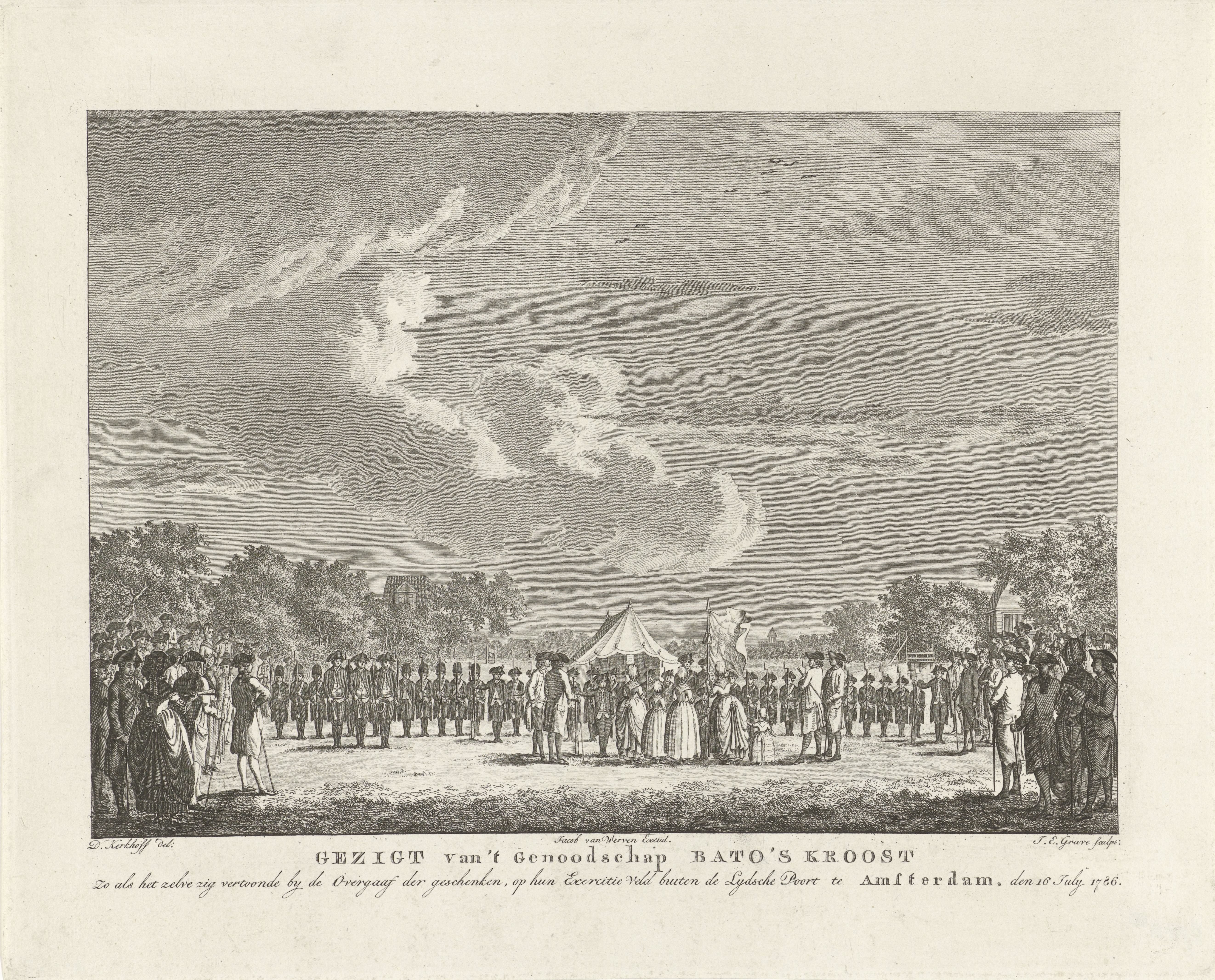 Ontvangst van vaandel, trom en geweren door het exercitiegenootschap "Bato's kroost", 16 juli 1786
