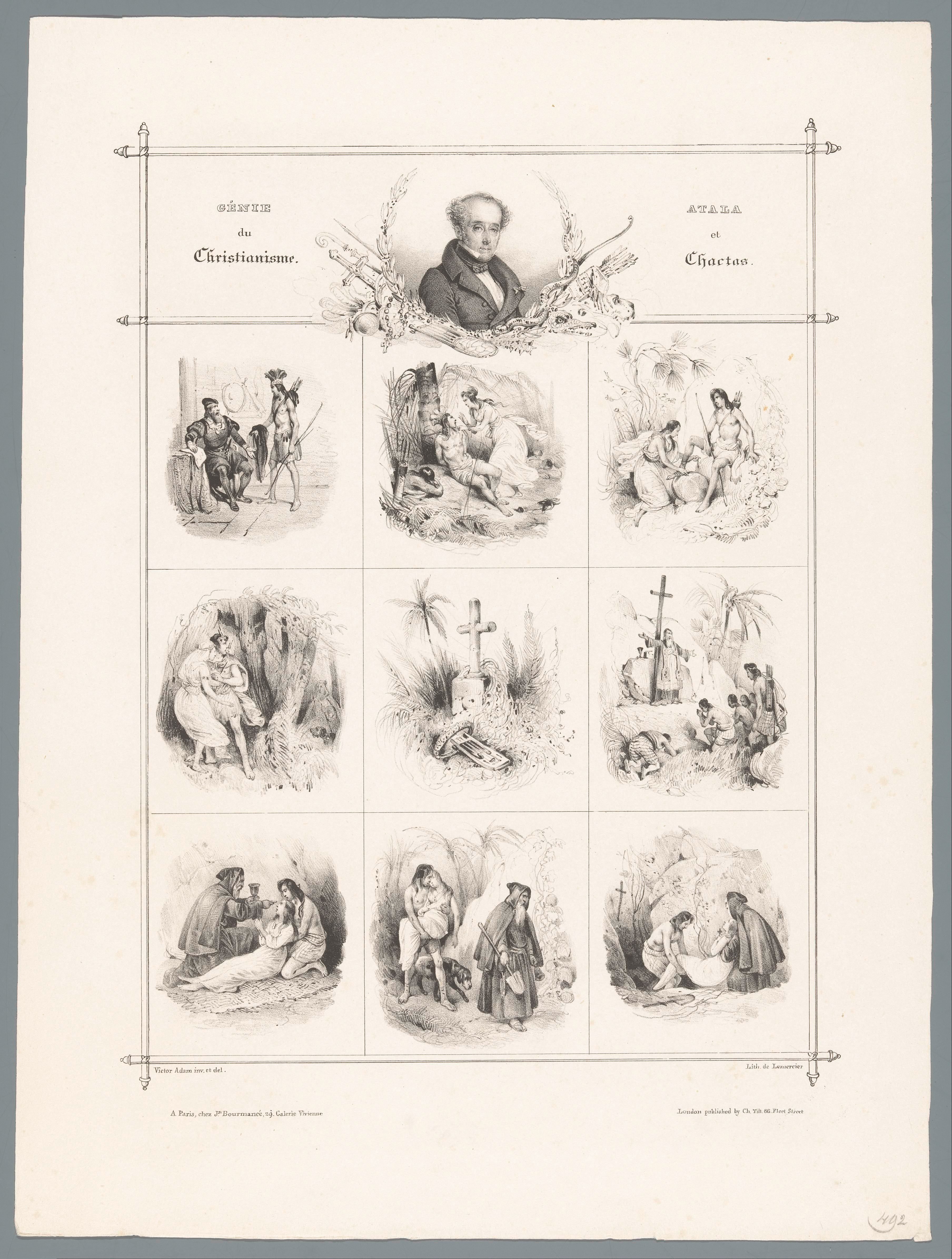 Portret van François-René de Chateaubriand en negen voorstellingen uit zijn roman 'Atala'