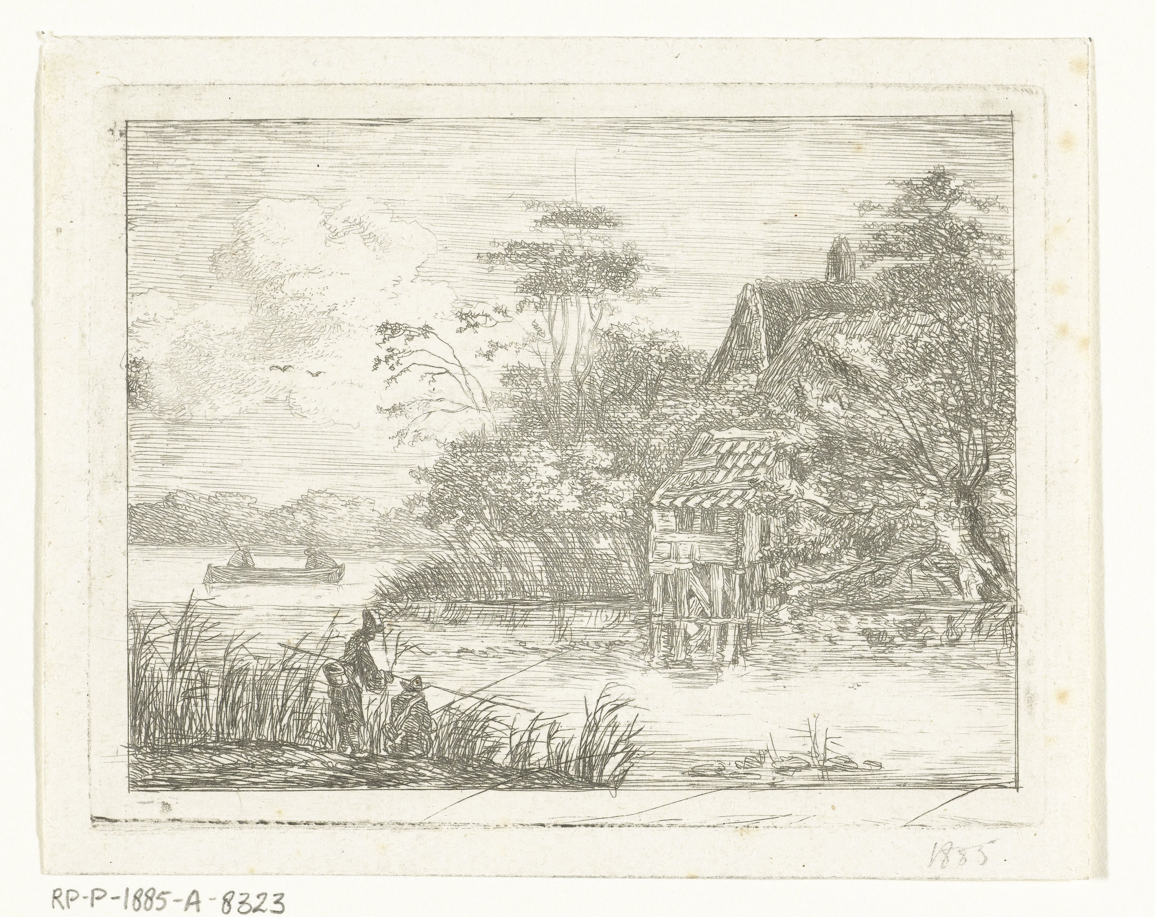 Landschap met boerderij aan water en twee vissers
