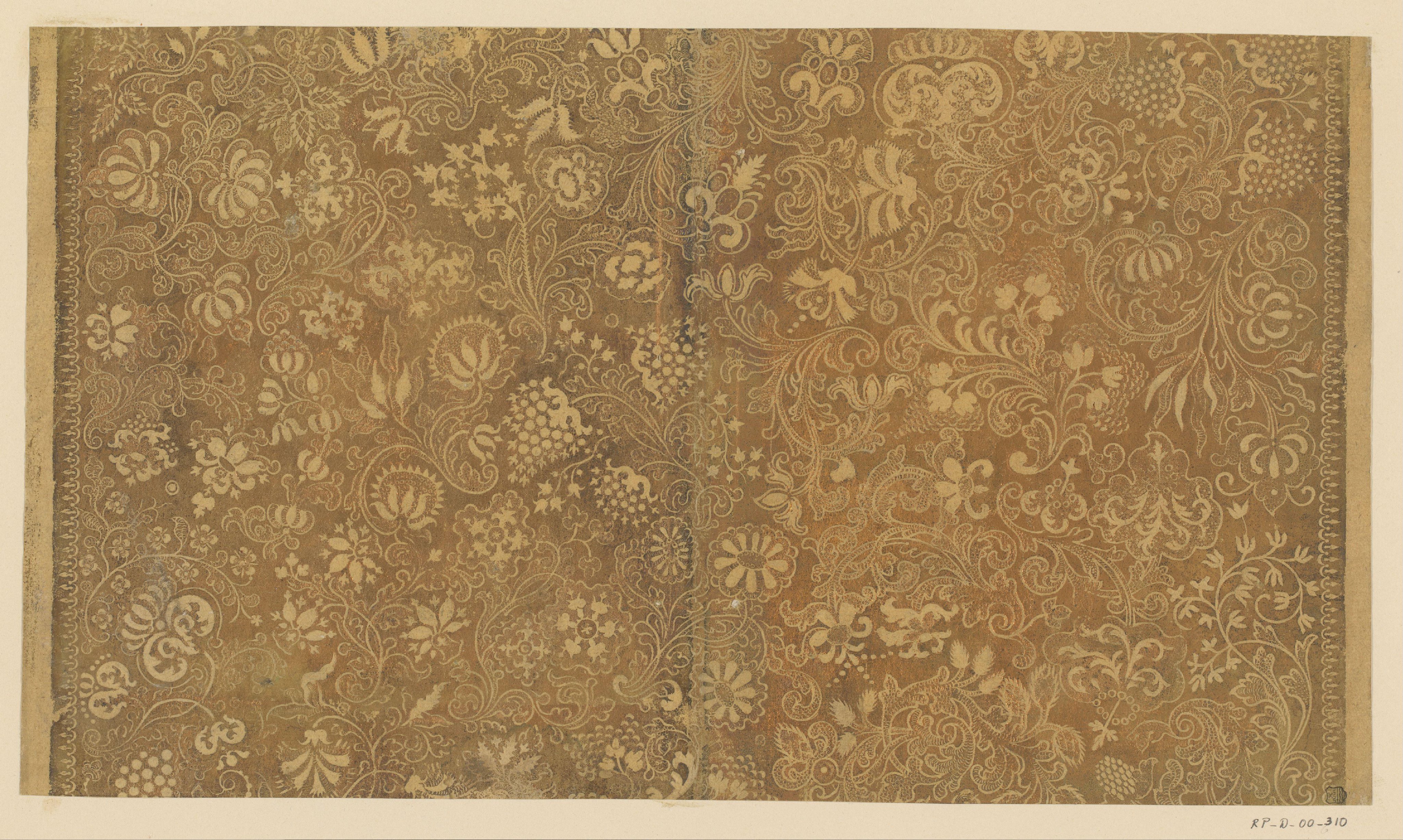 Blad met ranken met bloemen en vruchten en sierkader