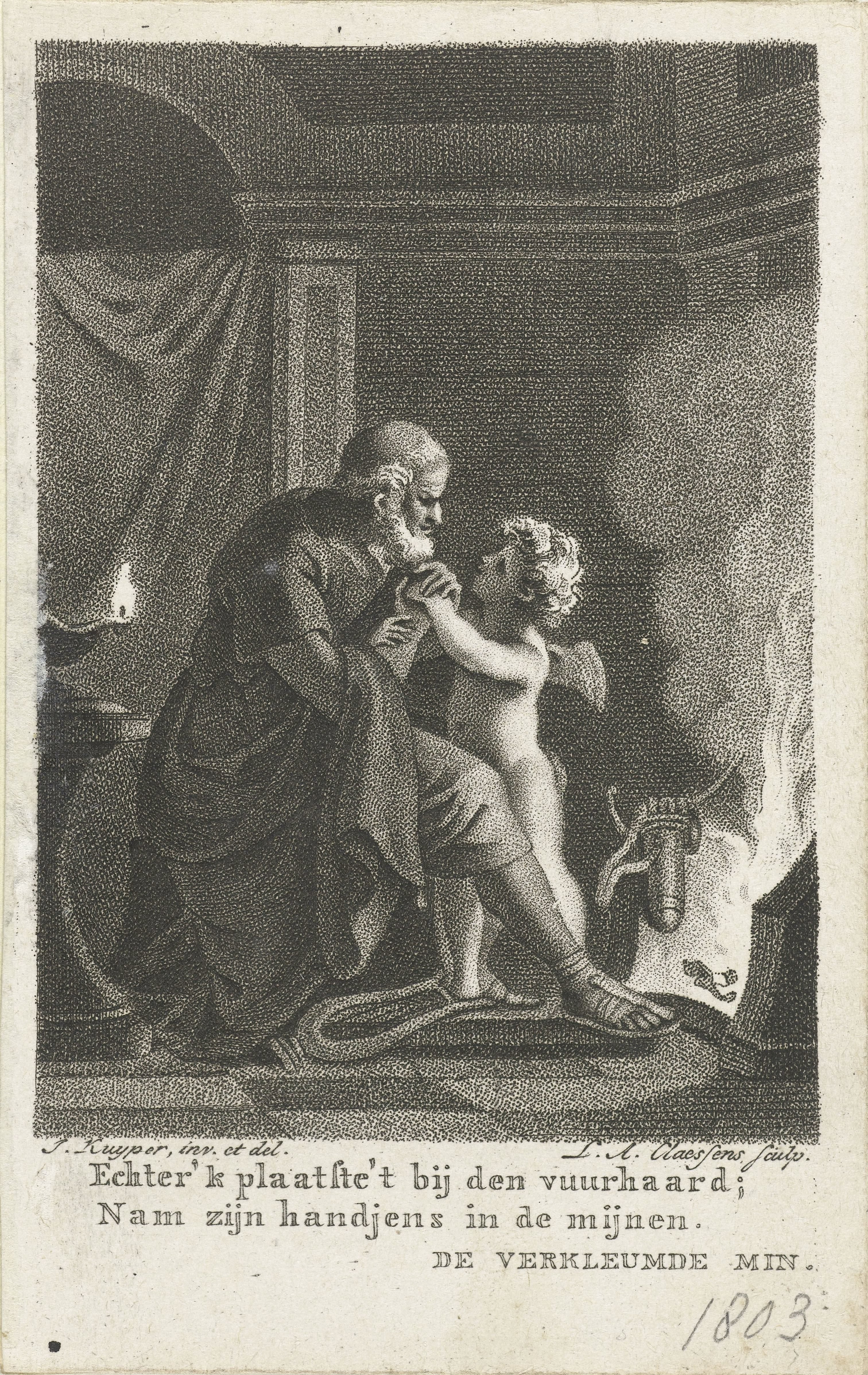 Amor verwarmt de handen van een oude man