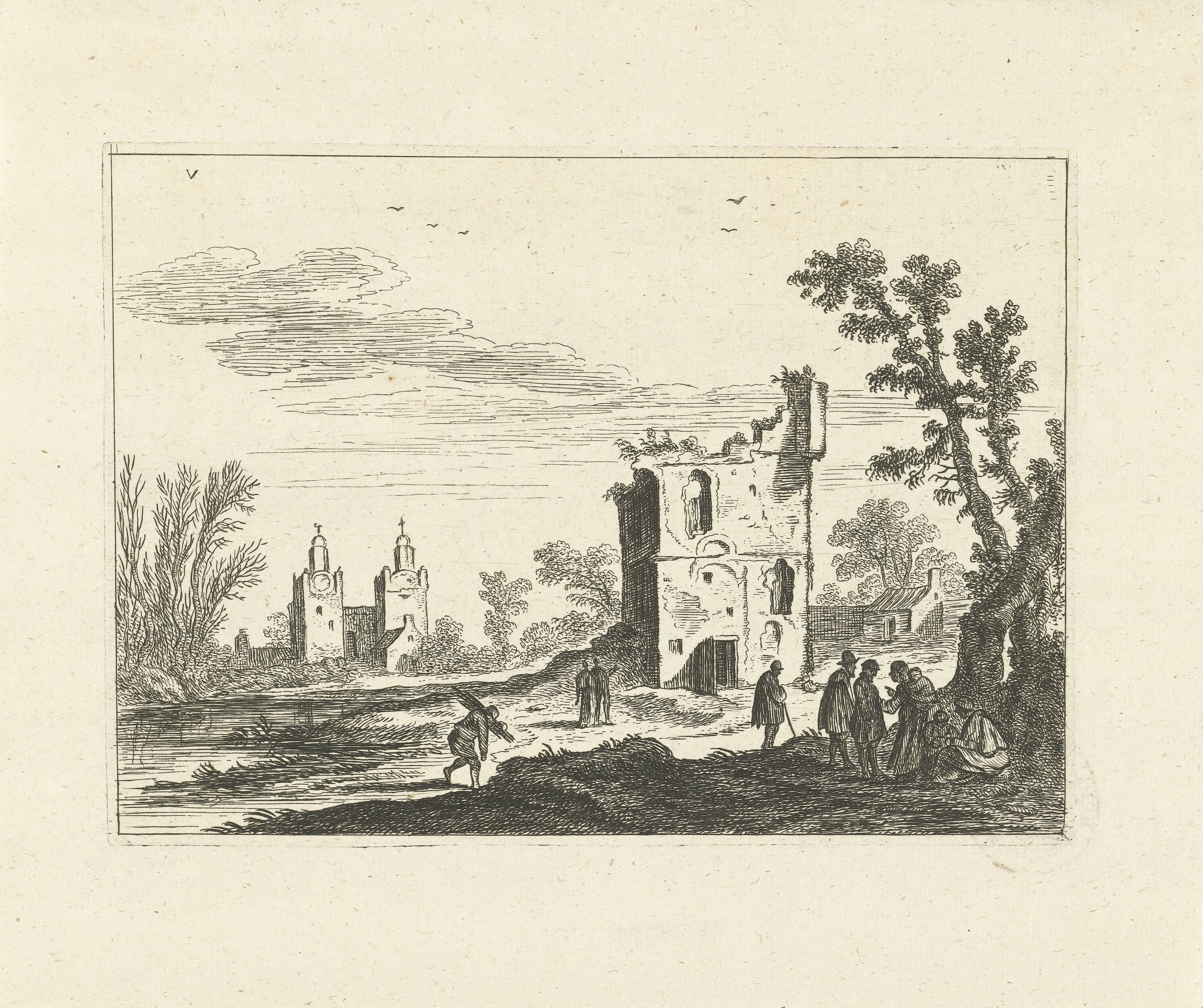 Landschap met ruïne en kerk