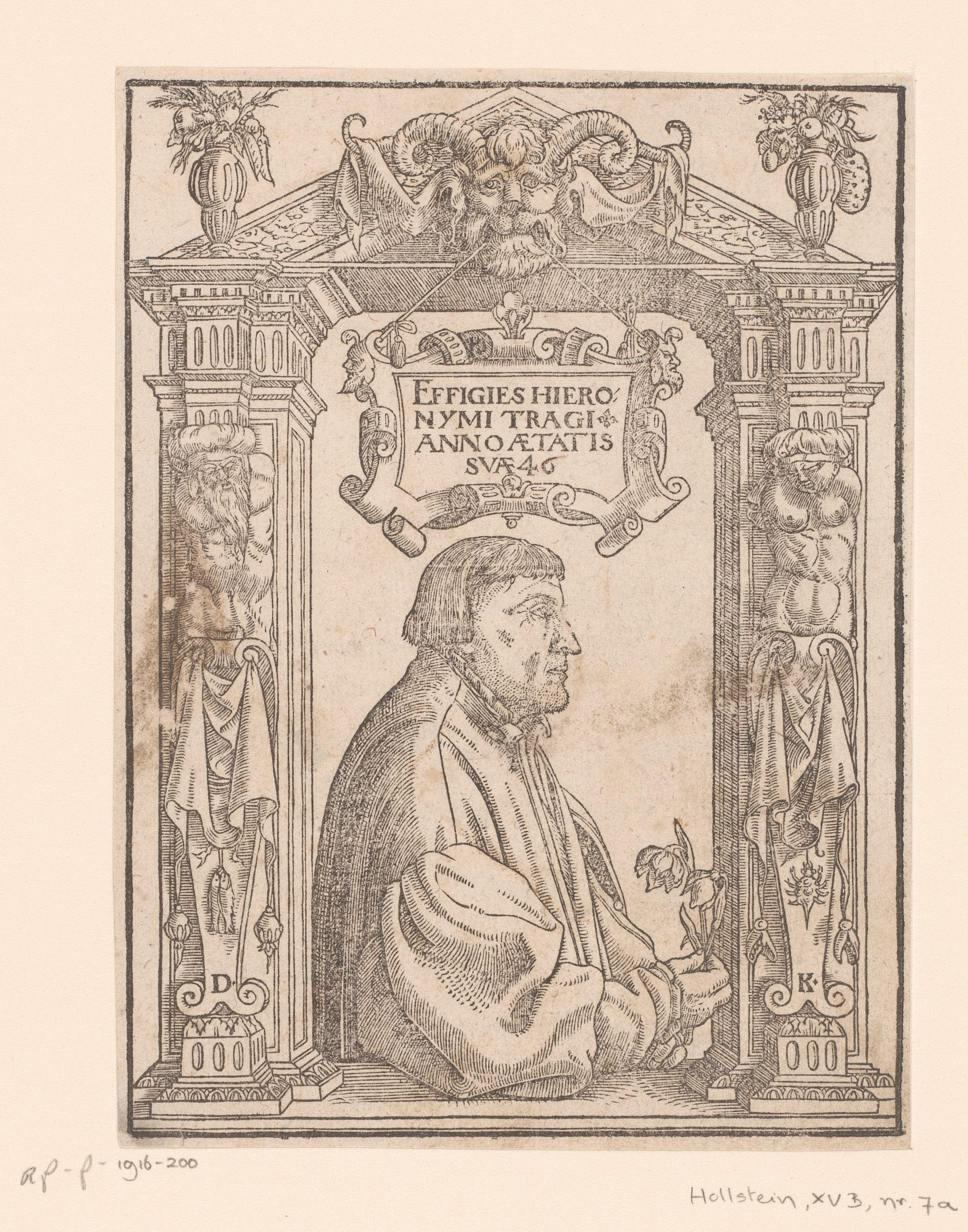 Portret van de Hiëronymus Bock in ornamentele omlijsting