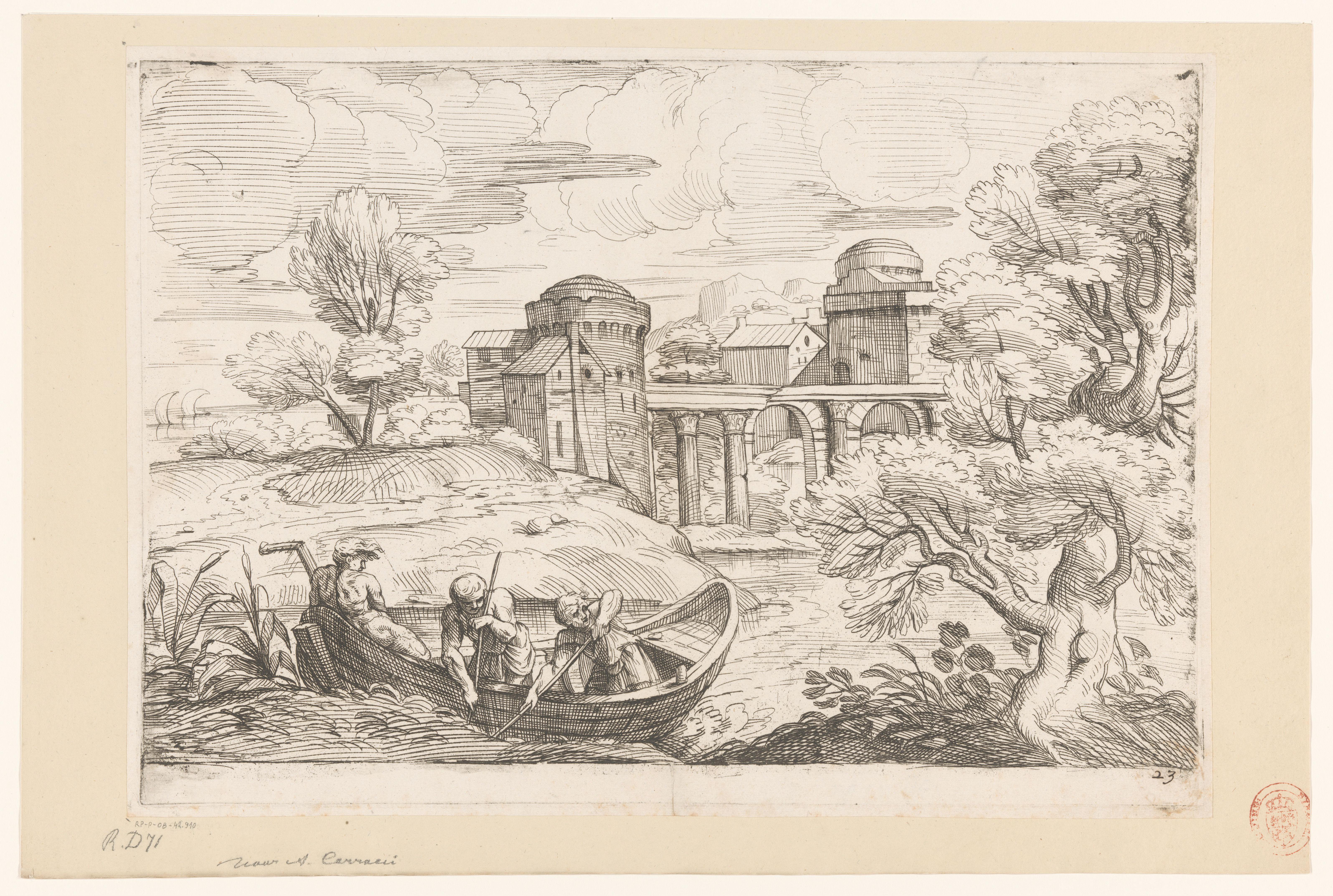 Landschap met brug en boot