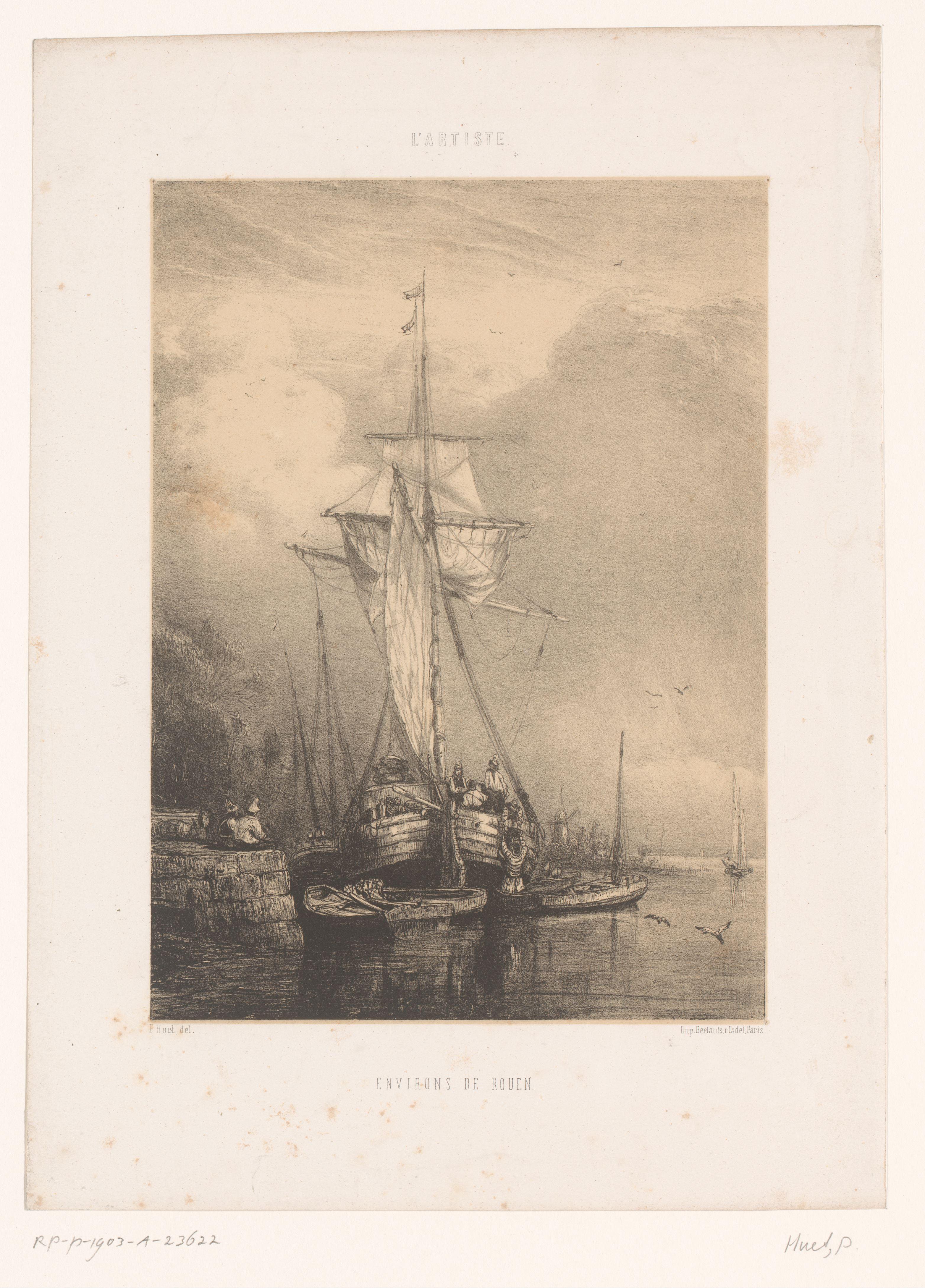 Schip met sloepen aan de kade in de omgeving van Rouen