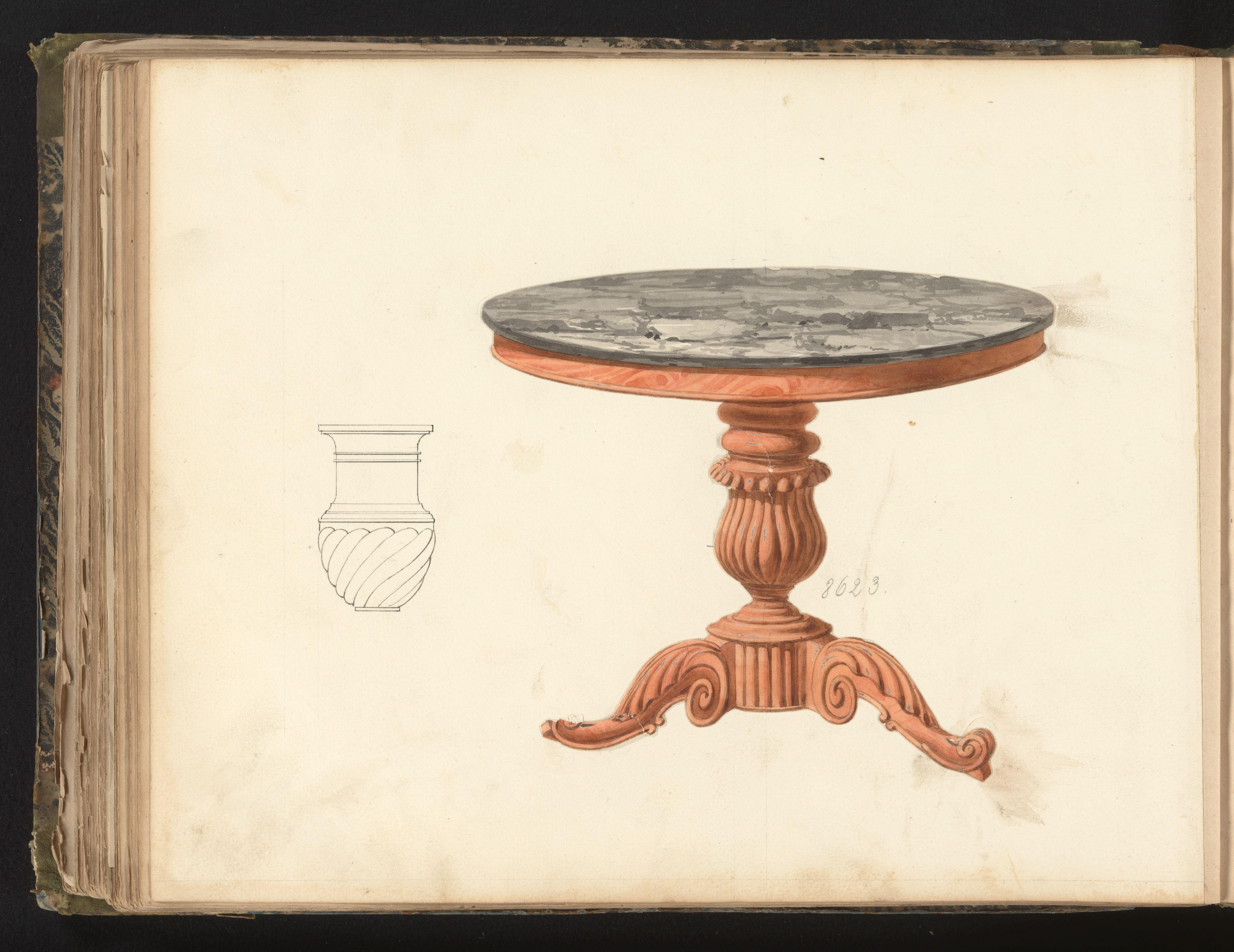 Ontwerp voor een tafel en tekening van een vaasvormige verbinding