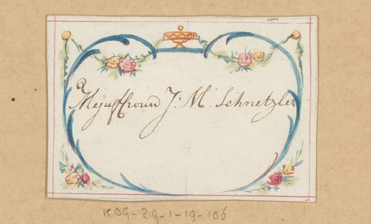 Bruiloftskaart voor 'Mejuffrouw J: M: Schnetzler'