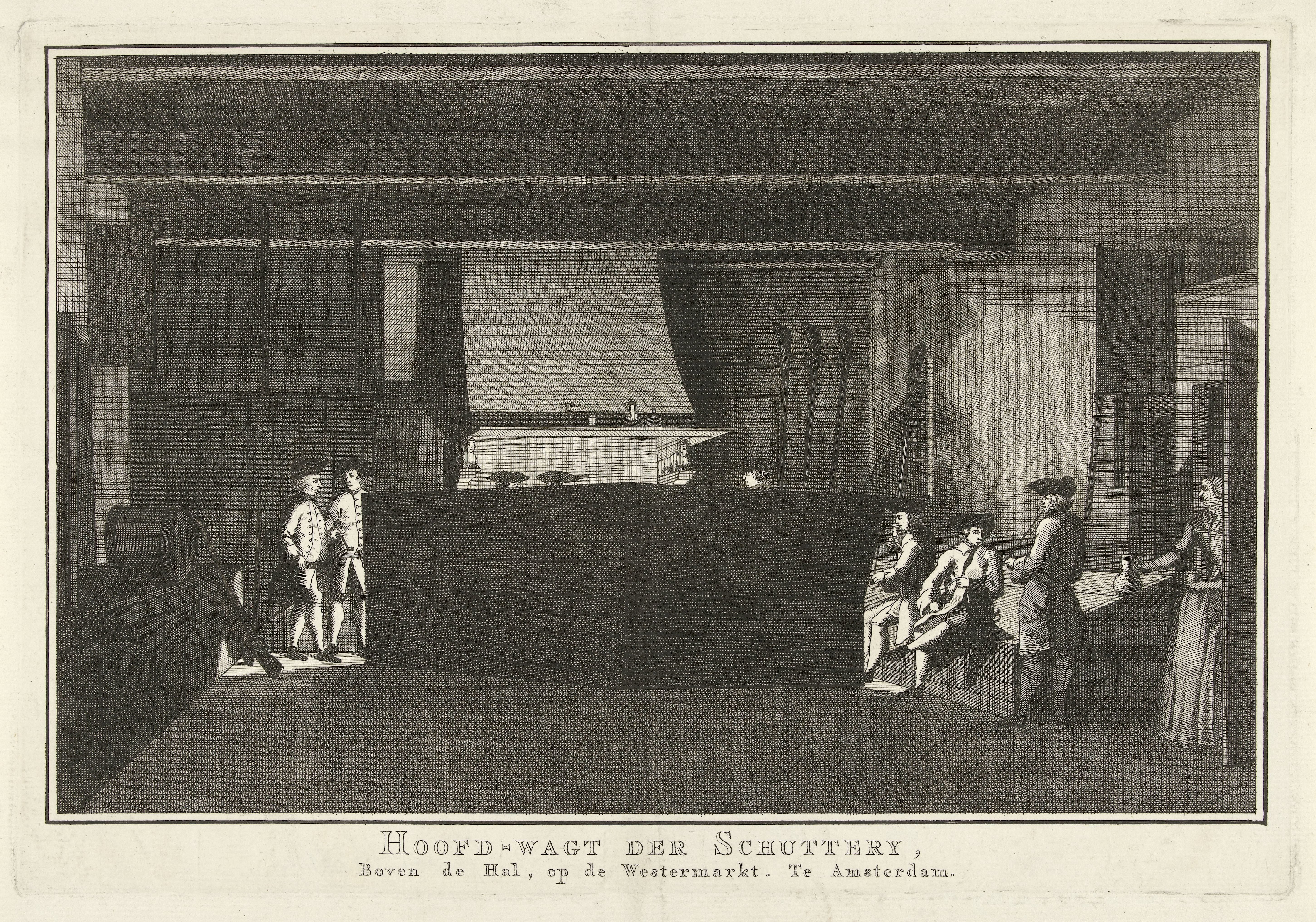 Interieur van de hoofdwacht van de schutterij op de Westermarkt te Amsterdam bij nacht