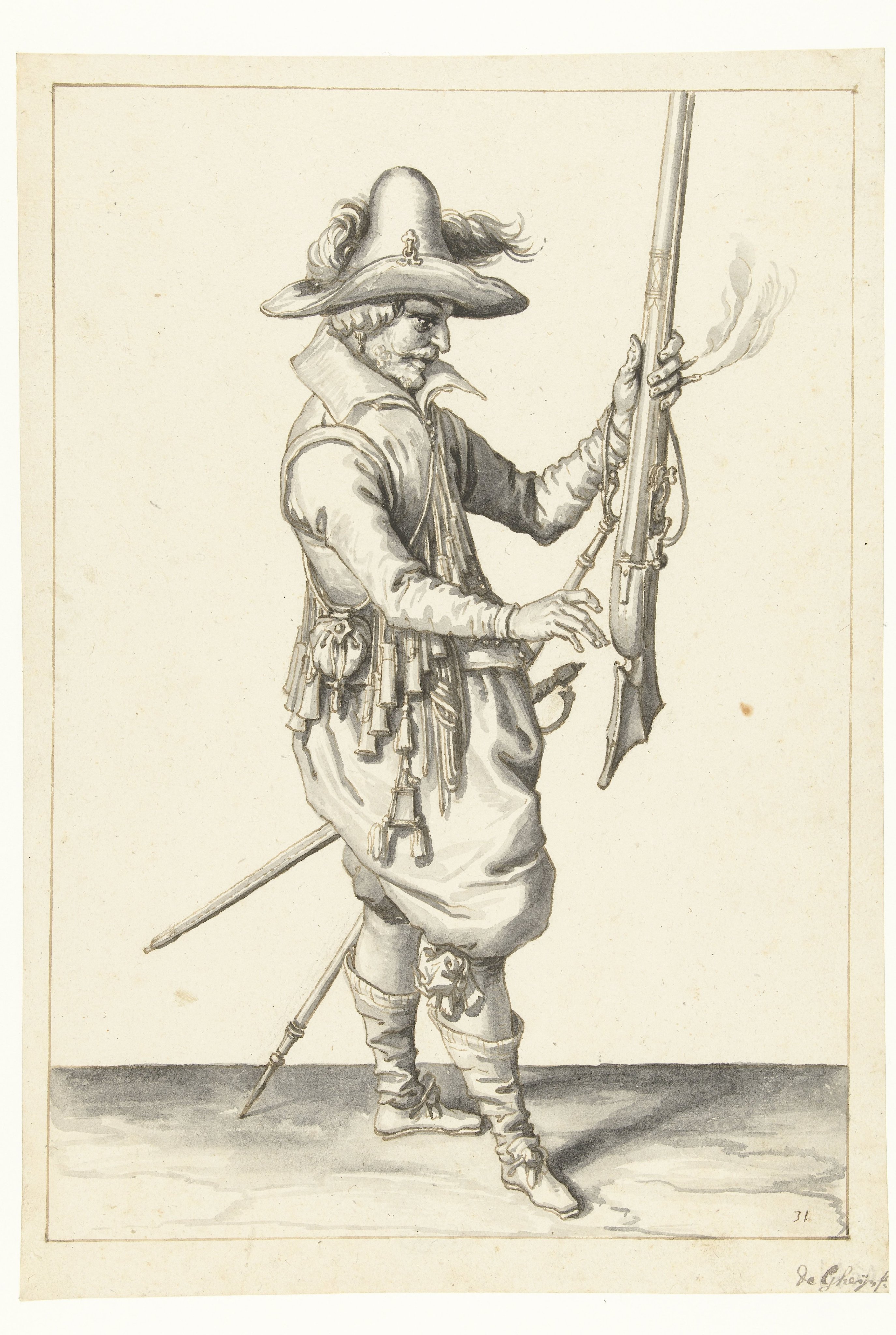 Soldaat die zijn musket met zijn linkerhand rechtop vasthoudt