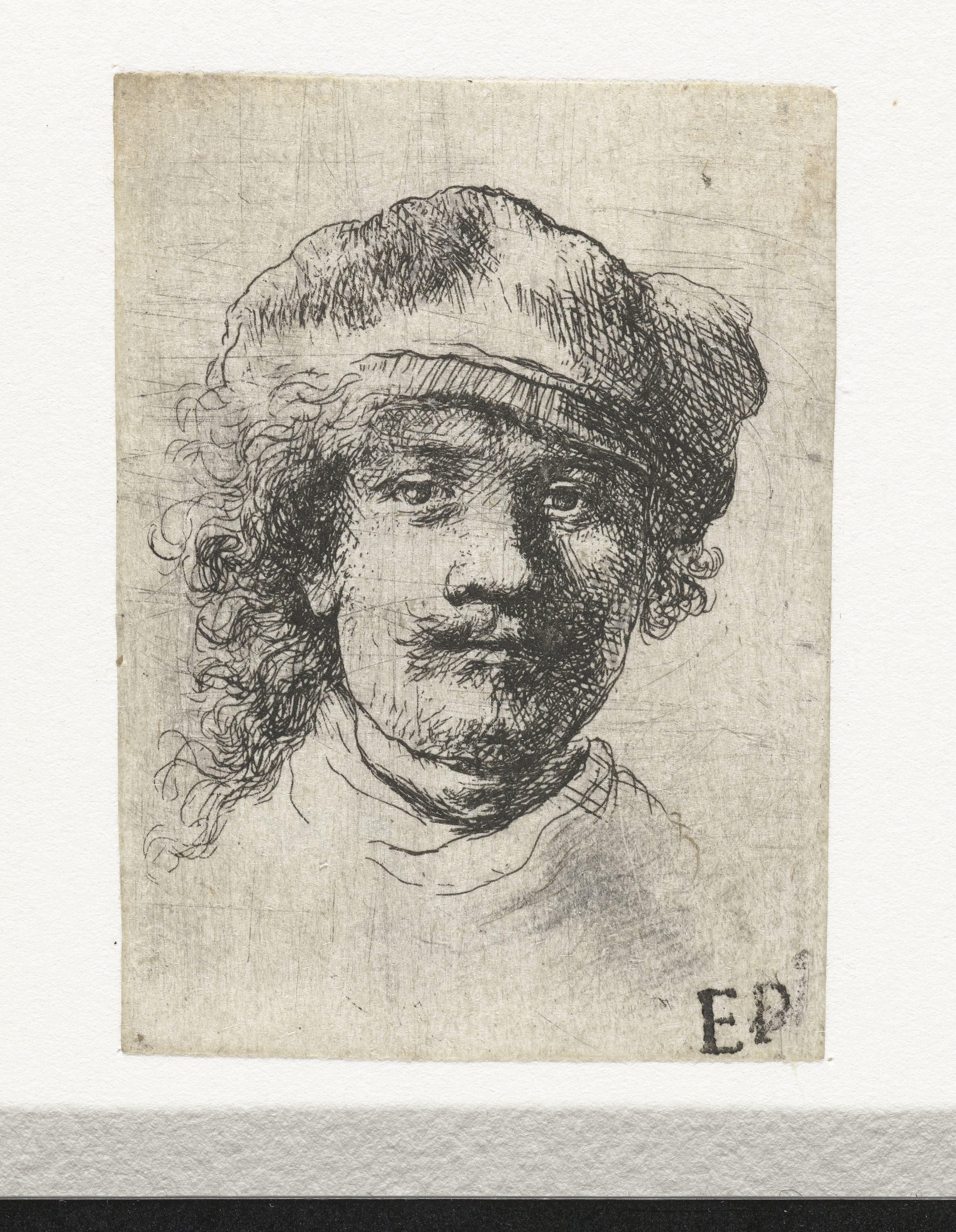 Self-portrait wearing a soft cap: full face, head only