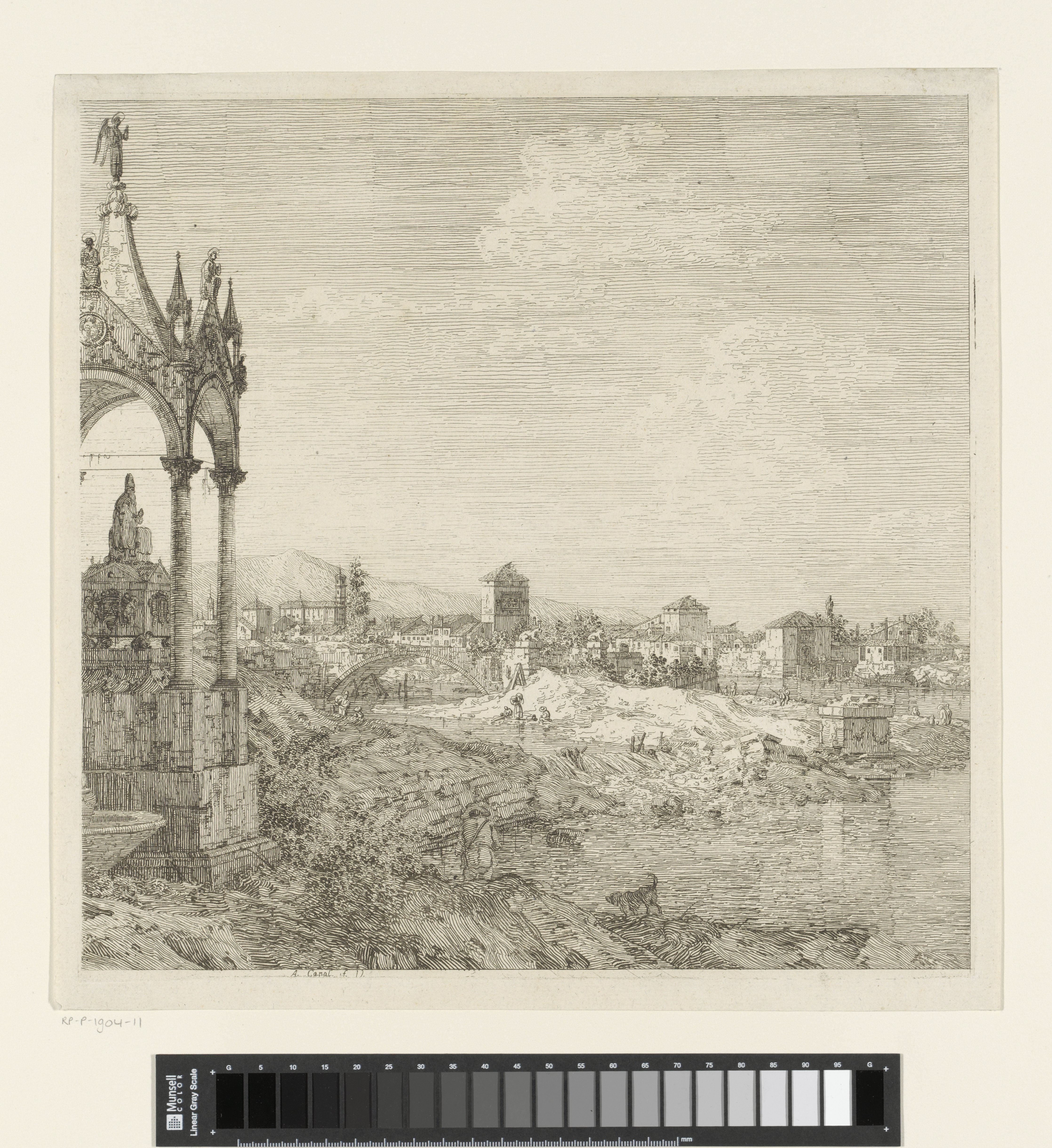 Gezicht op een stad met graftombe van een bisschop