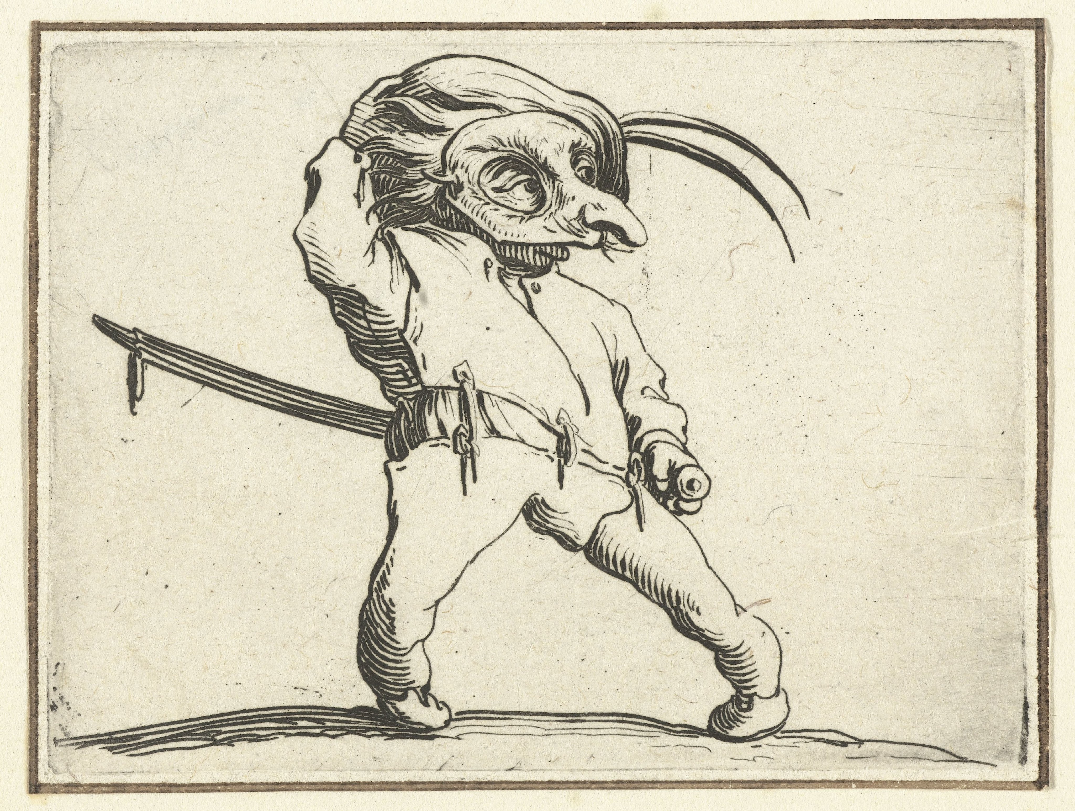 Kleine mens (karikatuur) met zwaard en masker