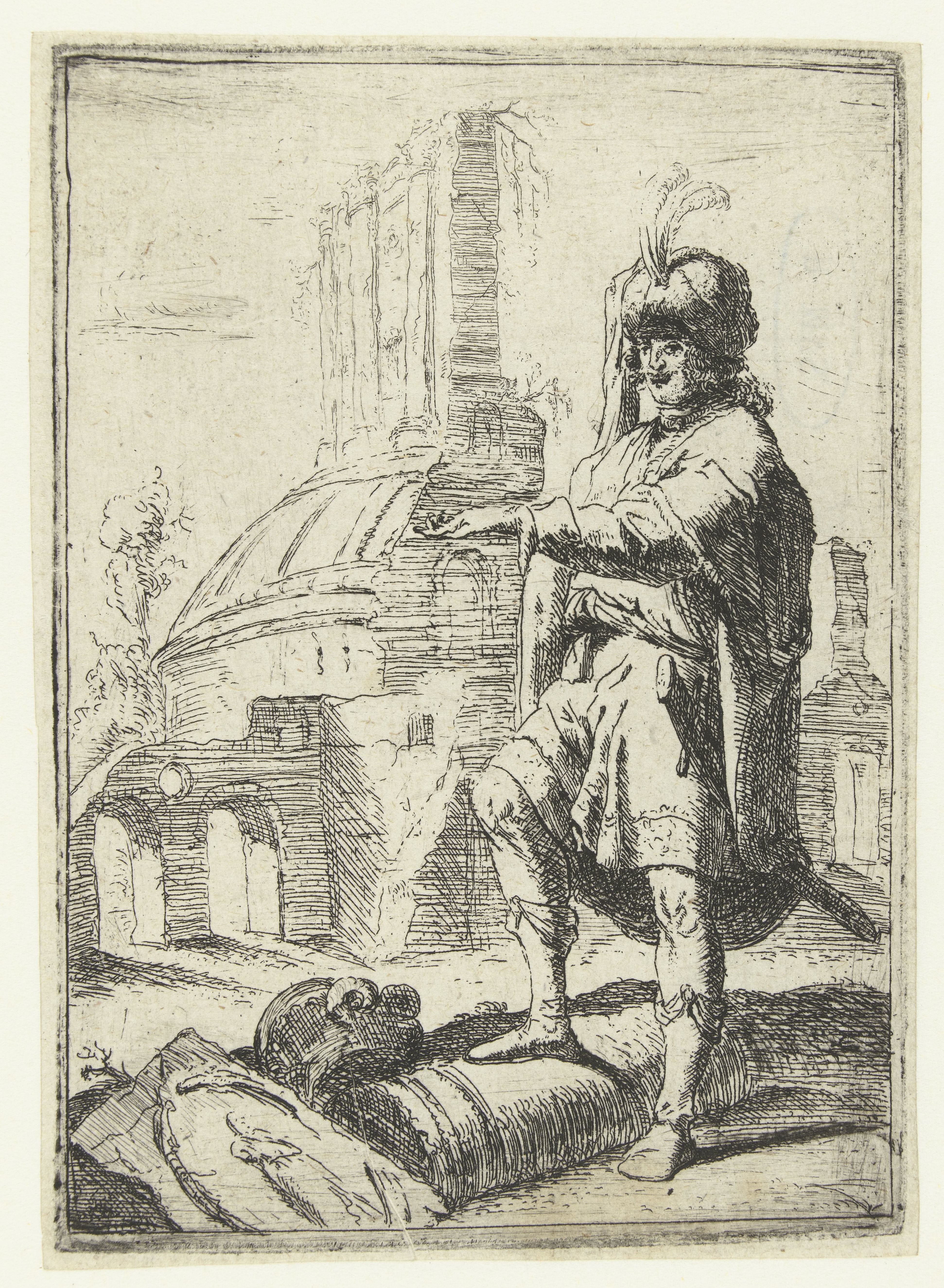 Zelfportret met Oosterse kleding staand voor ruïnes