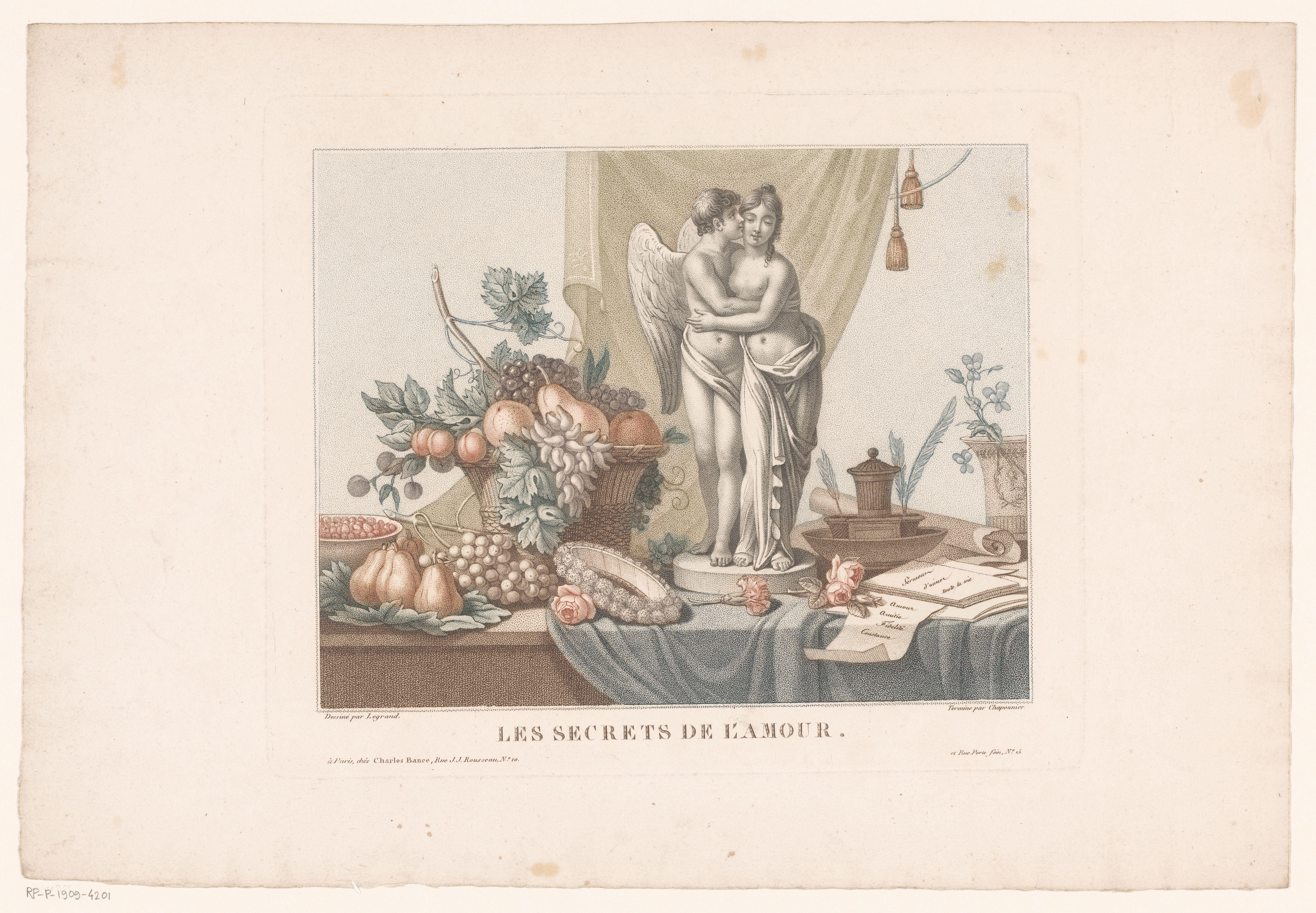Stilleven op een tafel met een standbeeld van Cupido en een jonge vrouw, mogelijk Venus