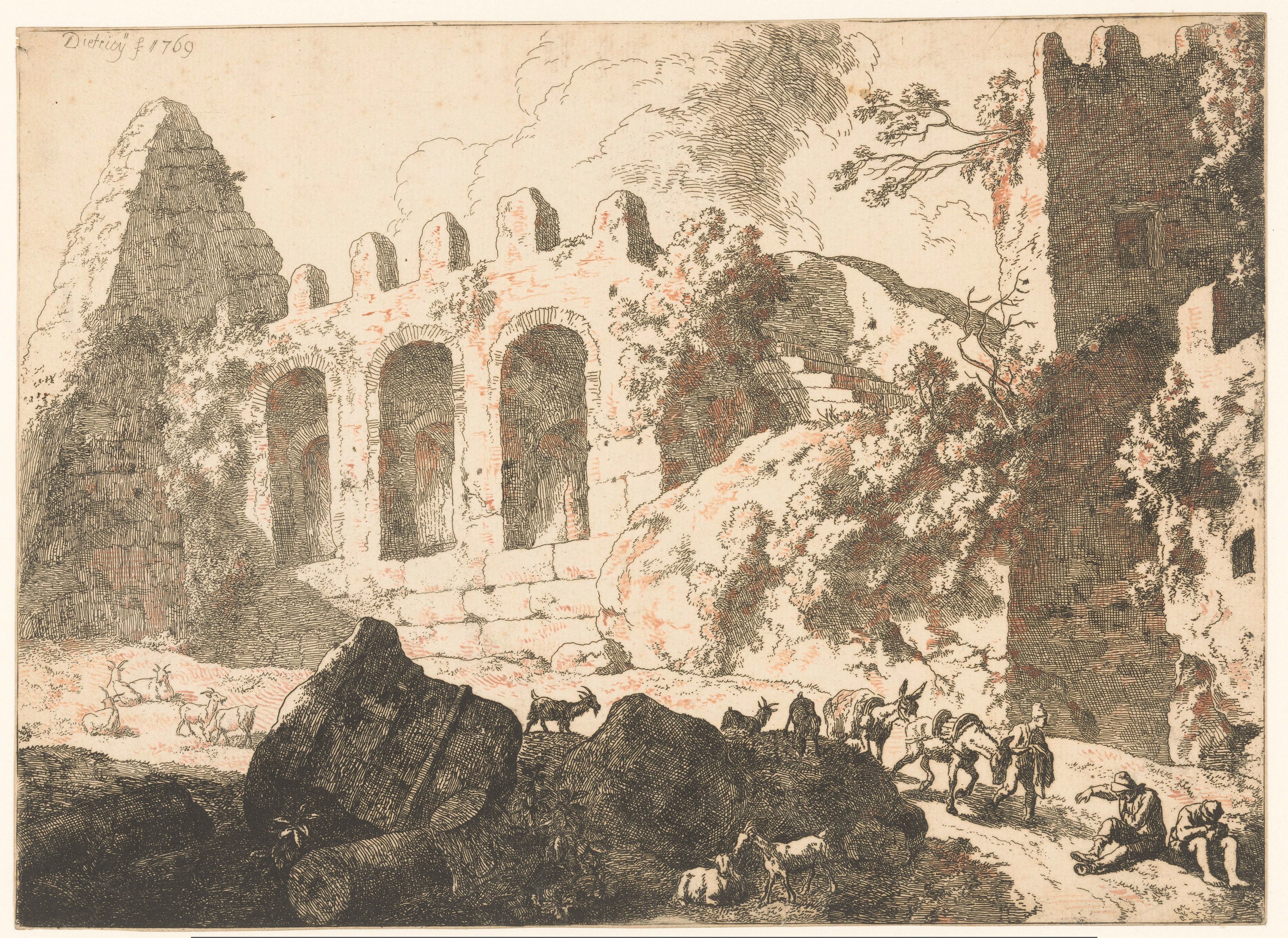 Landschap met ruïnes en een piramide