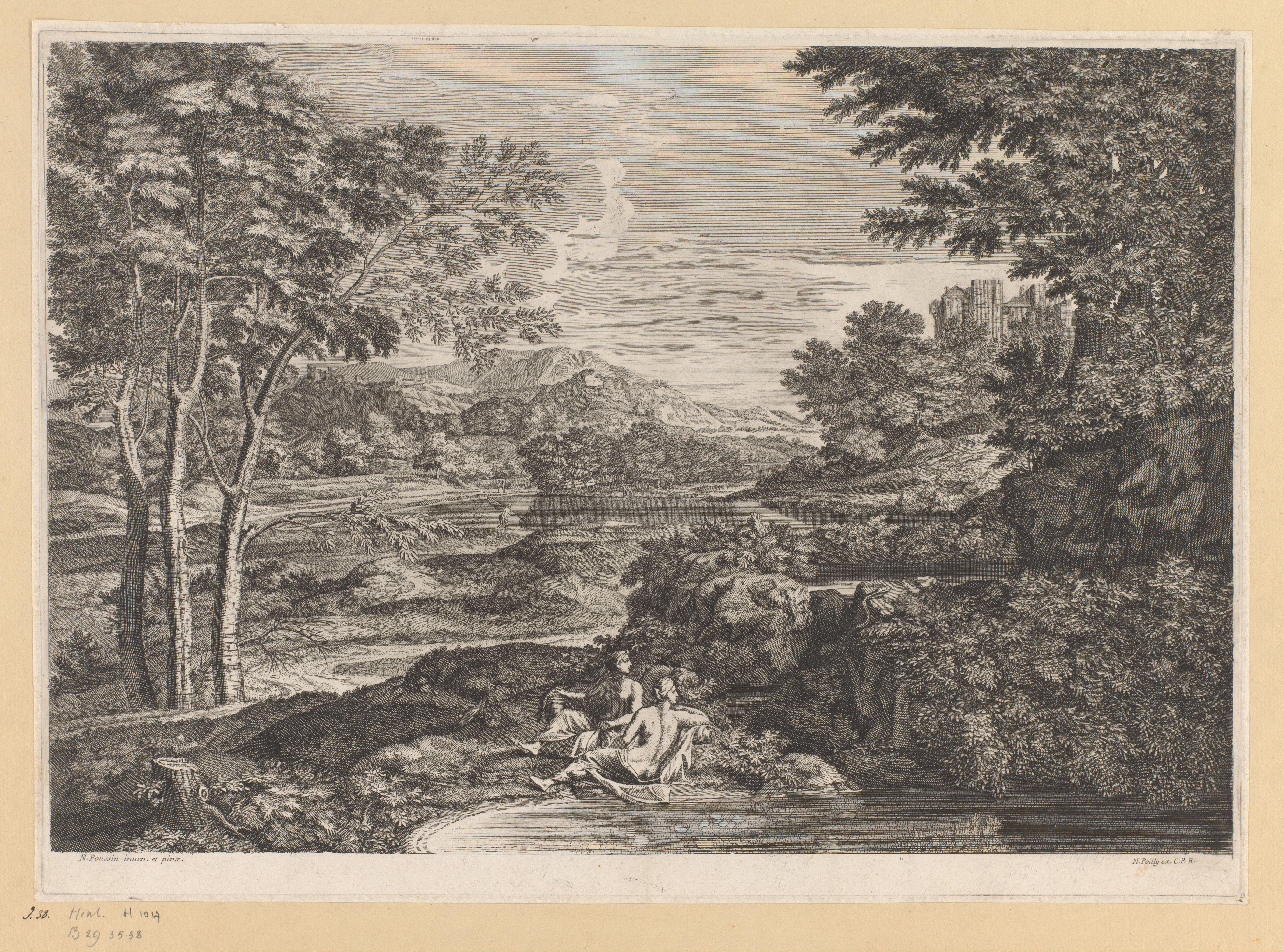 Landschap met twee nimfen naar een slang kijkend