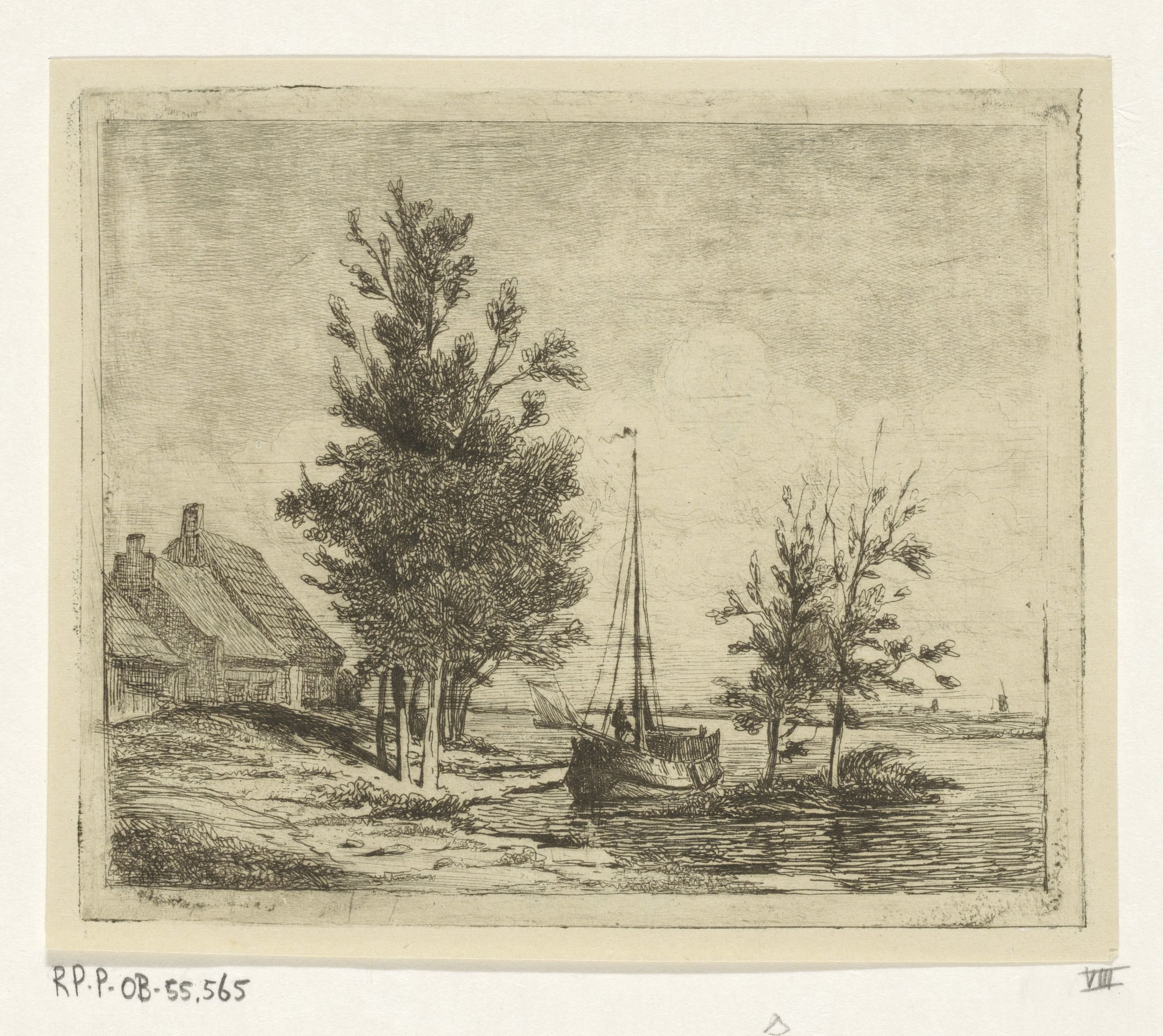 Rivierlandschap met zeilschip en boerderij