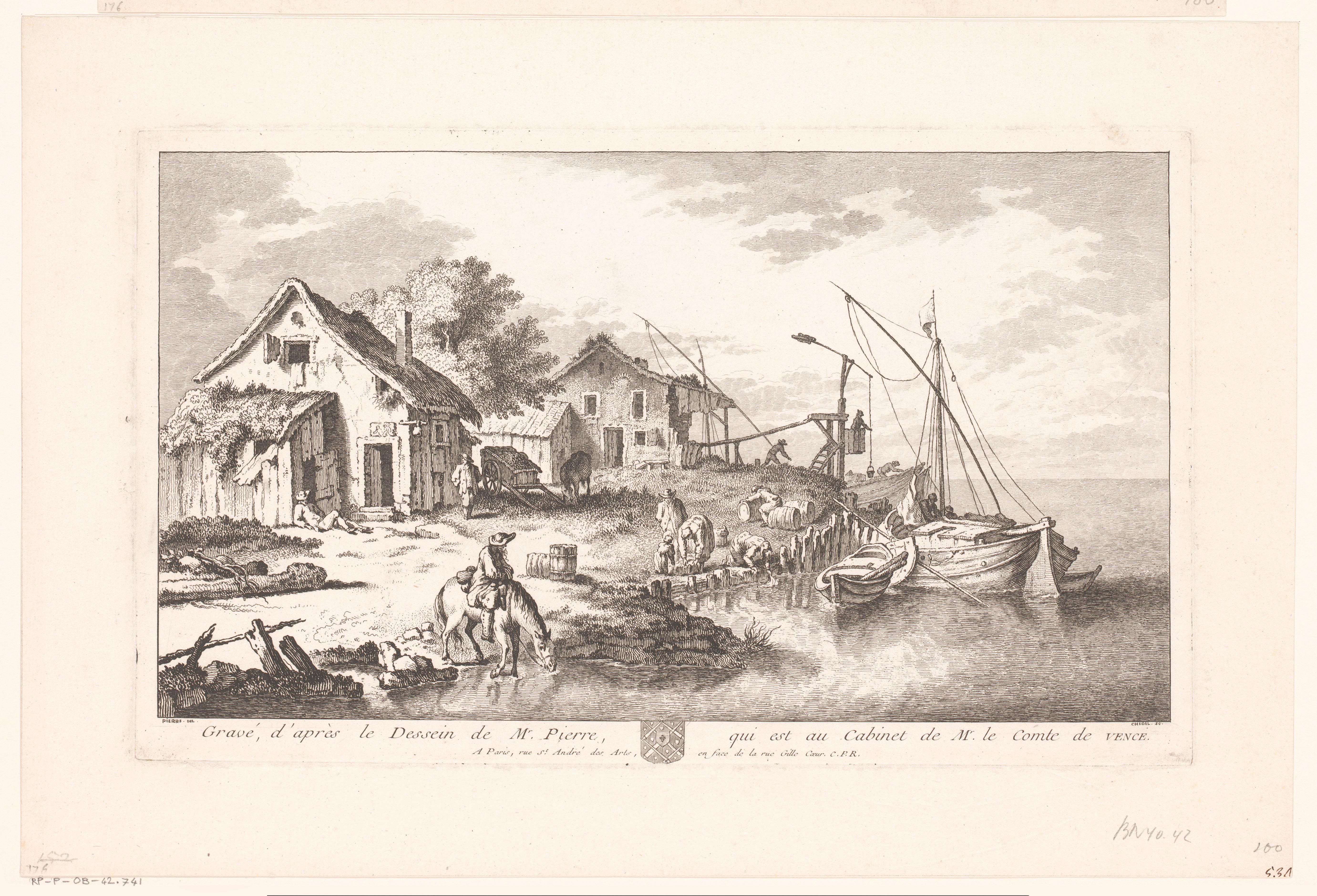 Landschap met twee huizen en bedrijvigheid aan een kade