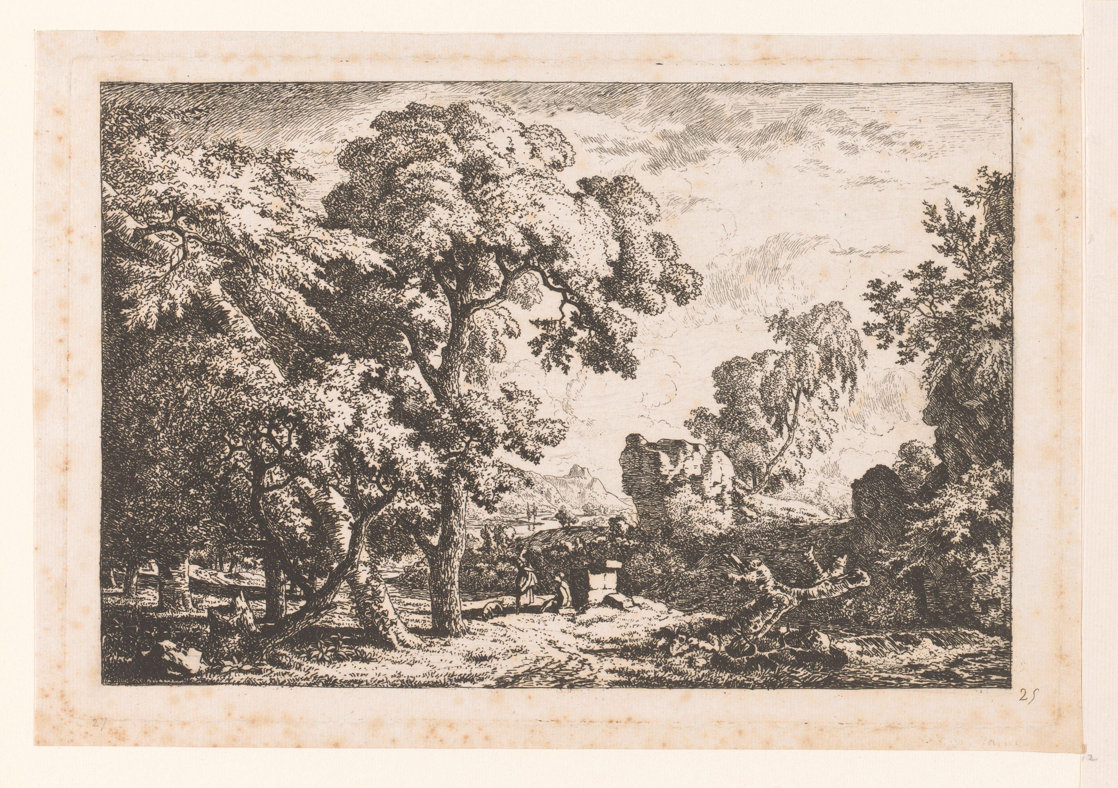 Landschap met twee figuren bij een rots