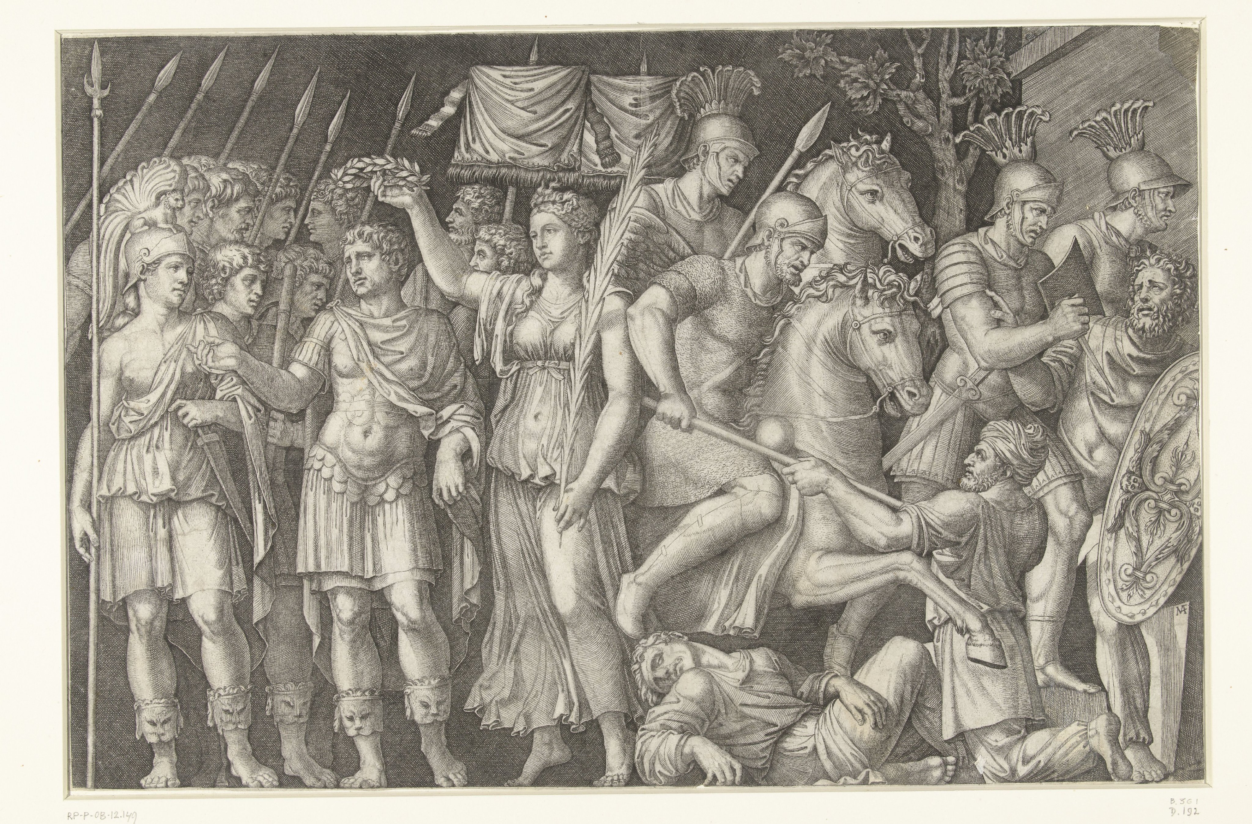 Keizer Trajanus gekroond door Victoria staat naast vrouwelijke personificatie van Rome en Romeinen in gevecht met Daciërs