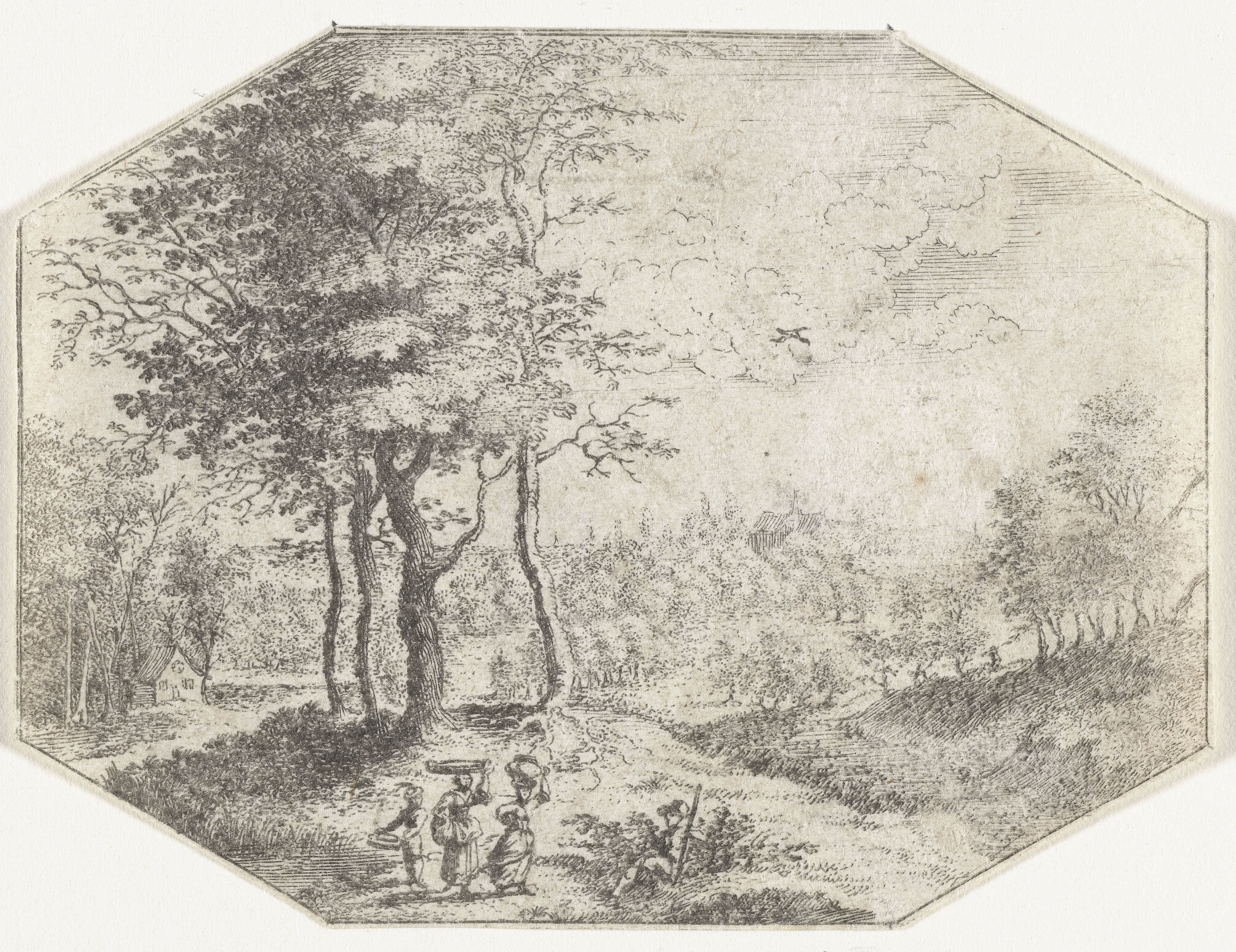 Boslandschap met twee vrouwen en een jongen met een mand