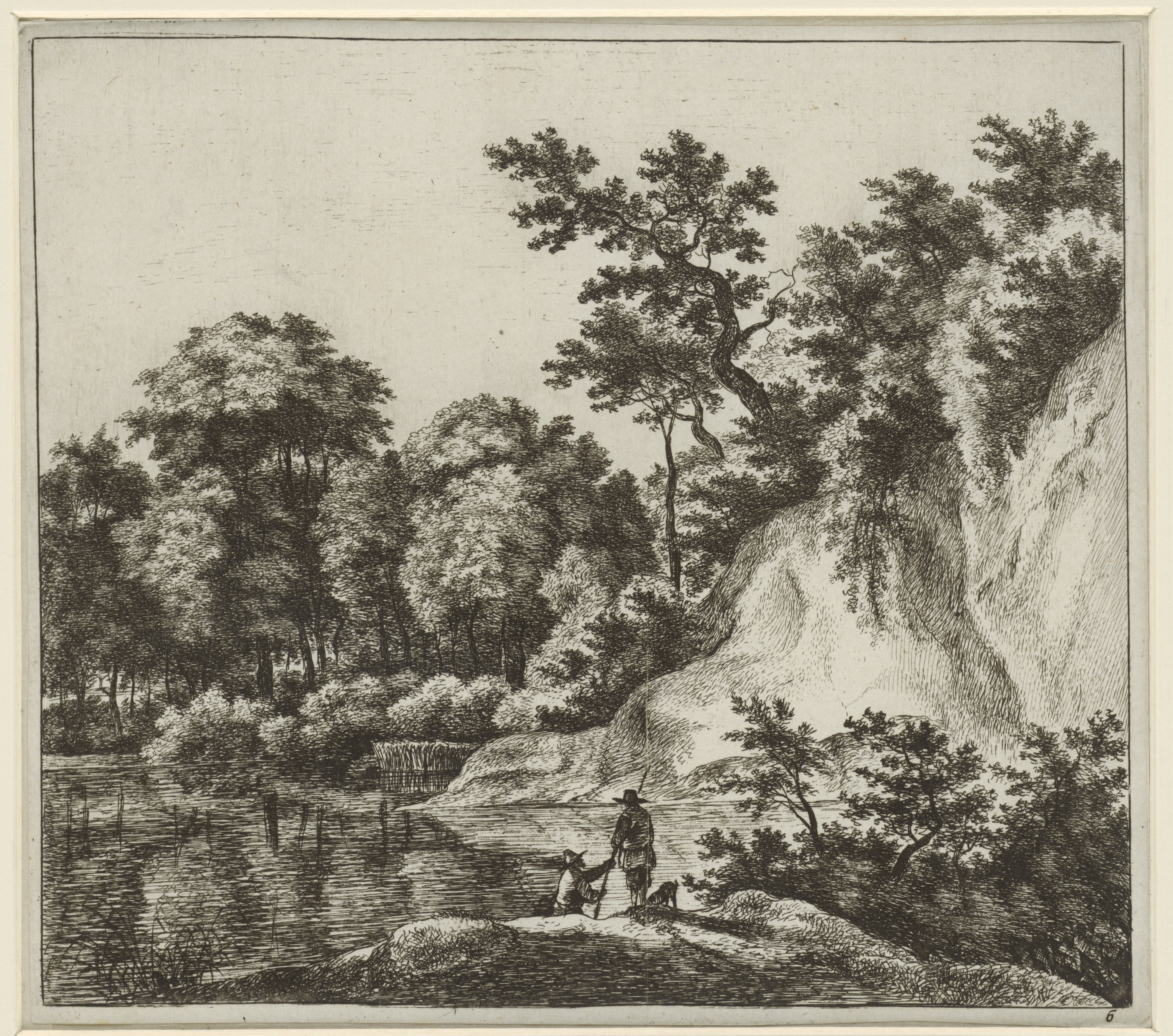 Landschap met een grote rots aan het water