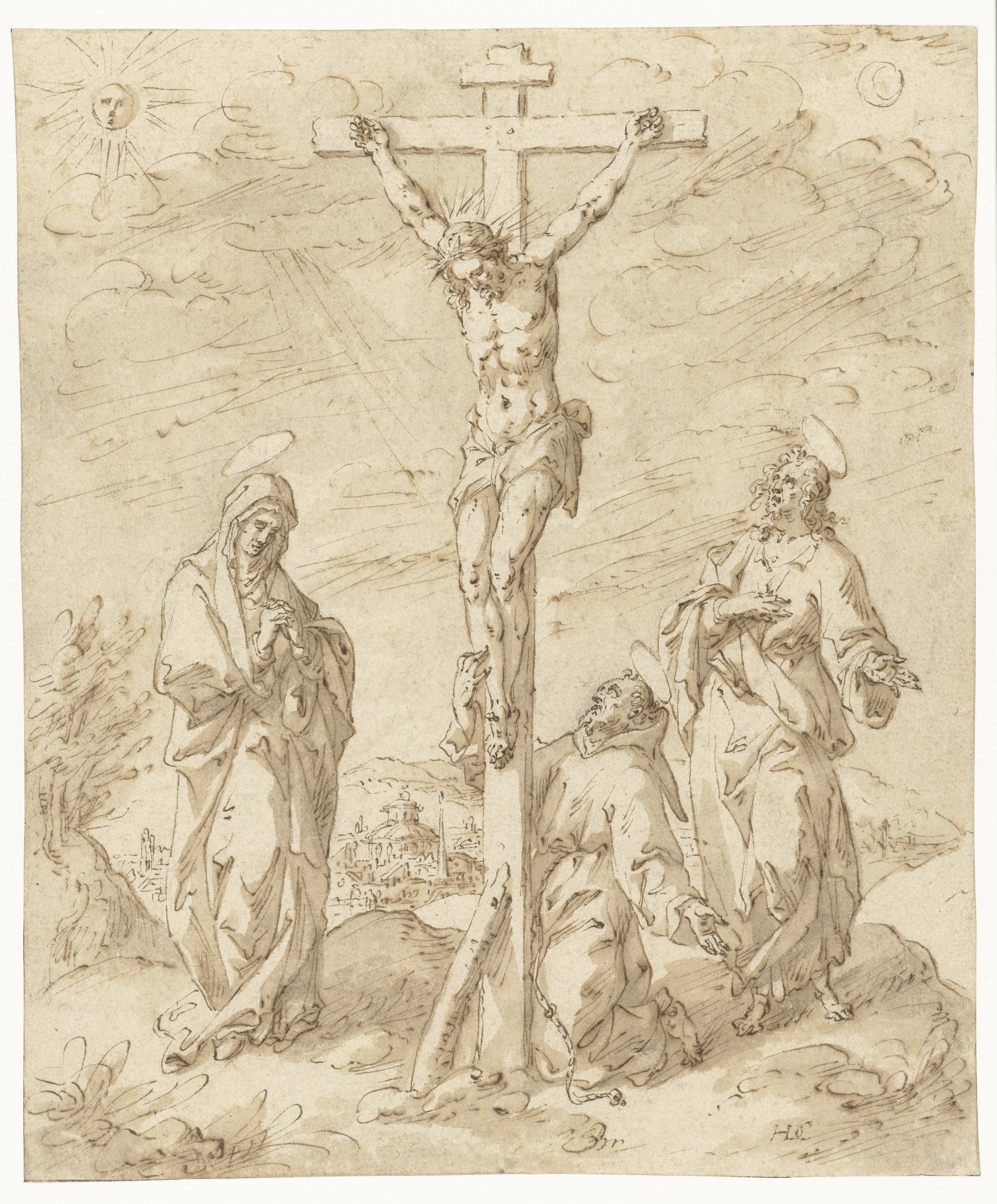 Christus aan het kruis tussen Maria en Johannes de Evangelist; aan de voet van het kruis de H. Franciscus
