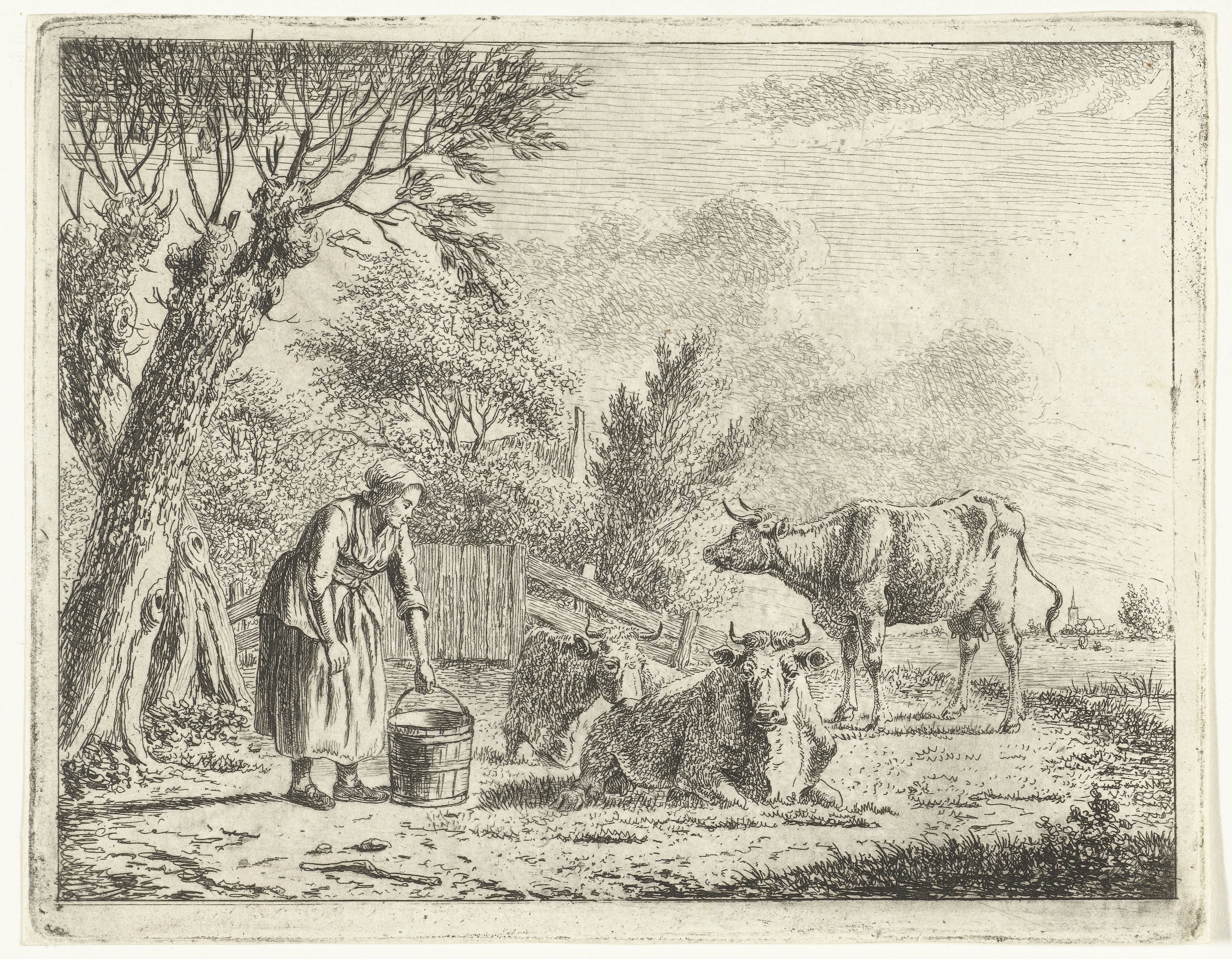 Landschap met vrouw met melkemmer en drie koeien bij boerderij
