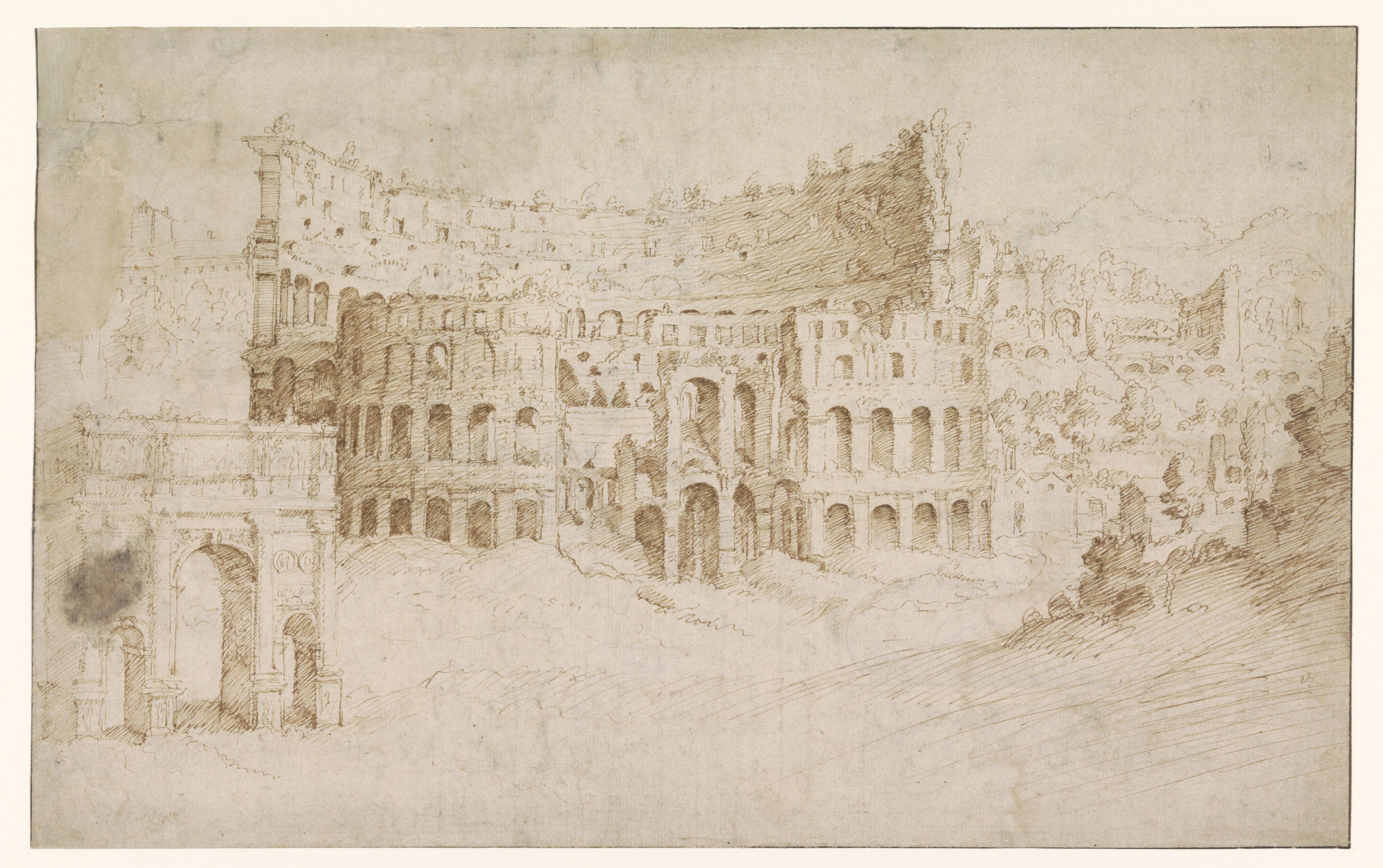 Gezicht op het Colosseum, de boog van Constantijn en de omgeving