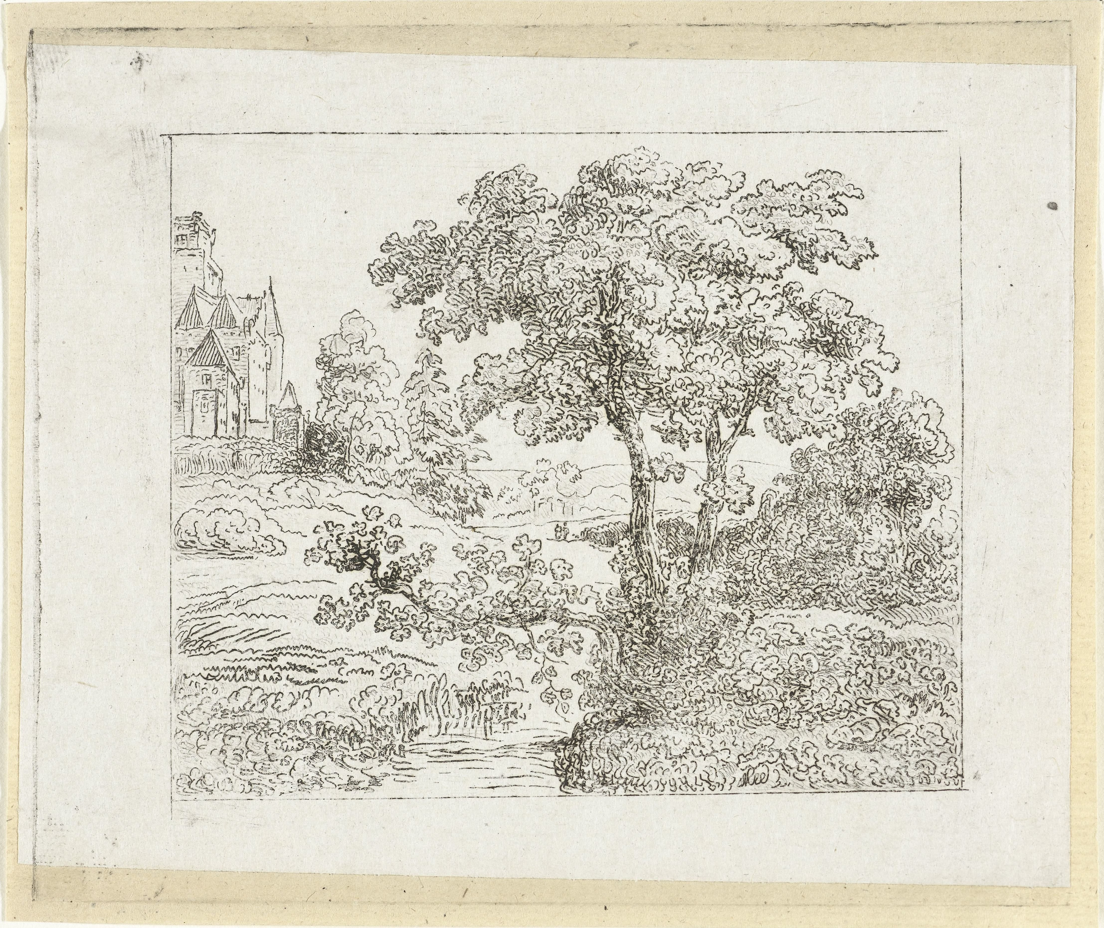 Landschap met kerk op een heuvel